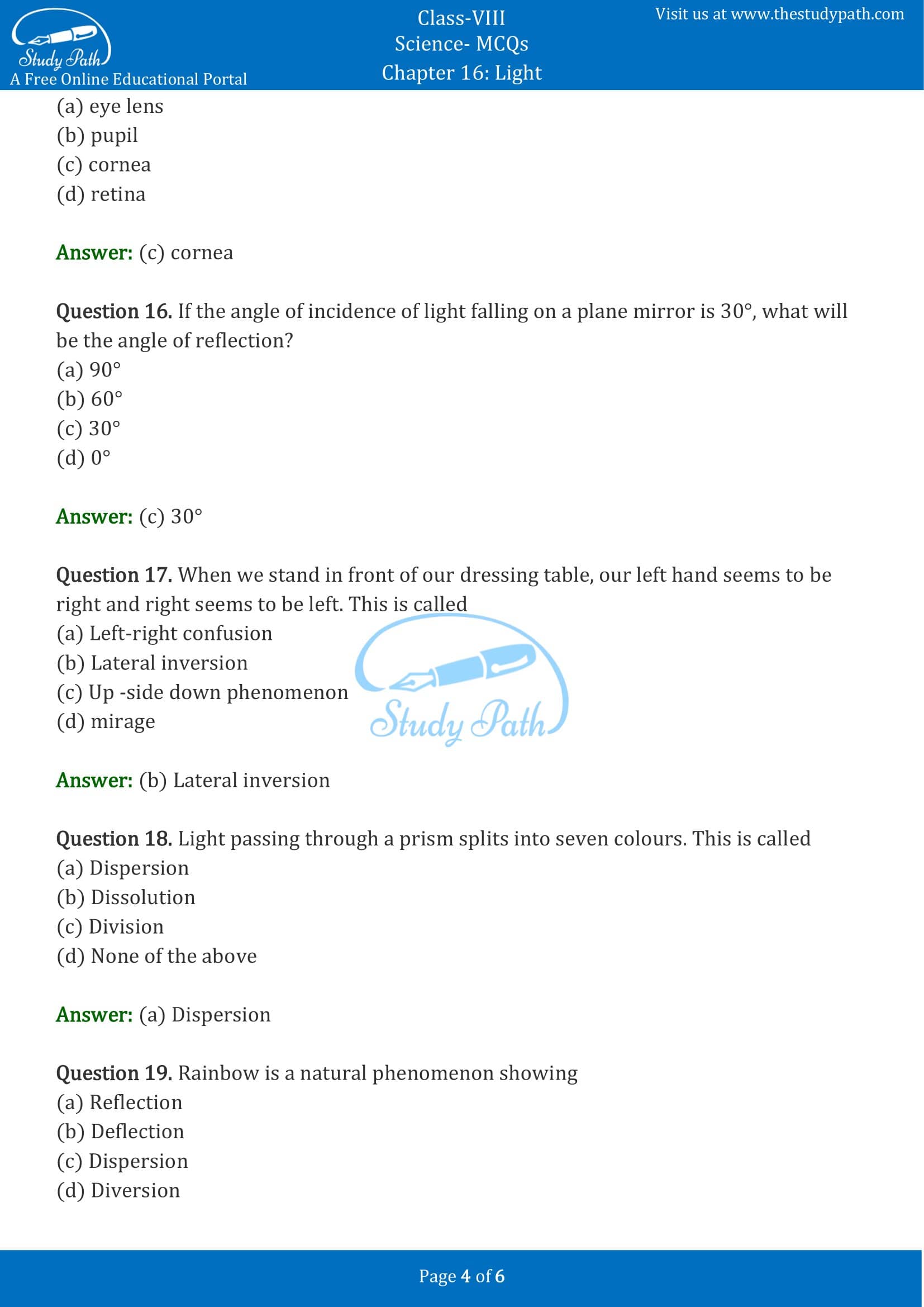 MCQ Questions for Class 8 Science Chapter 16 Light with Answers PDF -4