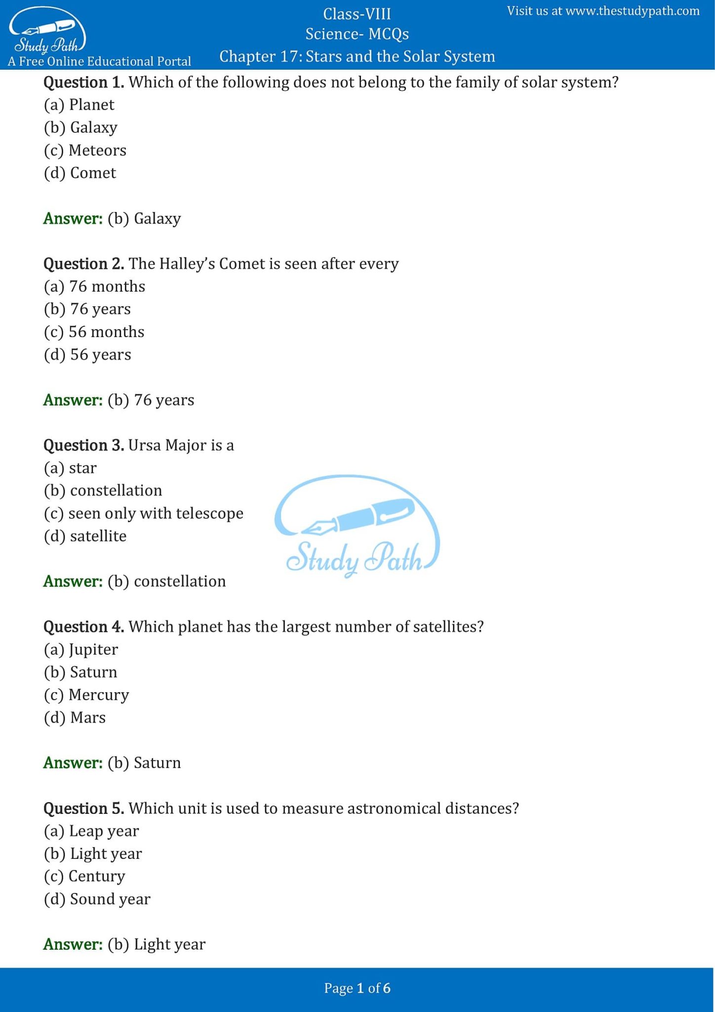 Class 8 Science Chapter 17 Stars and the Solar System MCQ with Answers