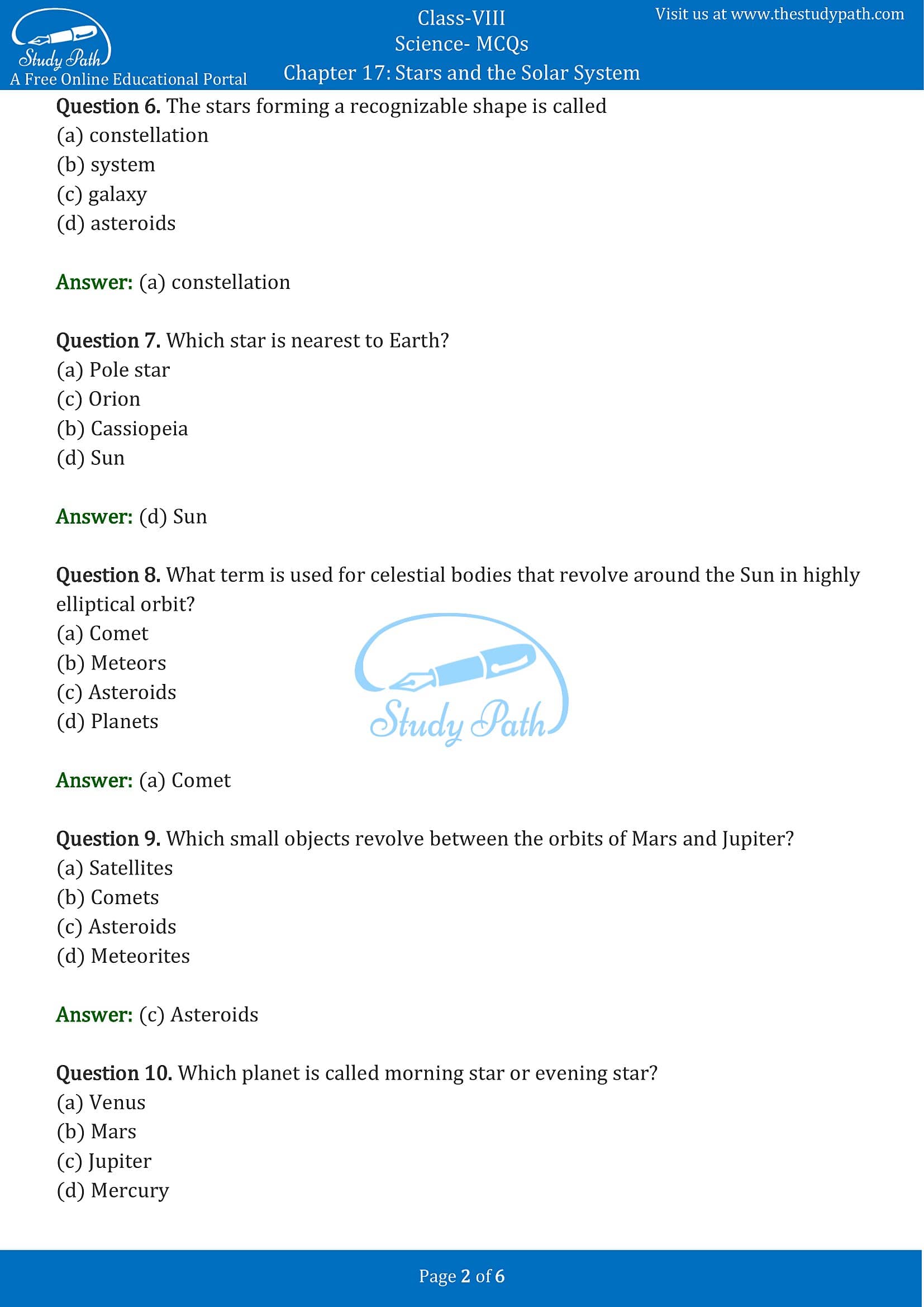 MCQ Questions for Class 8 Science Chapter 17 Stars and the Solar System with Answers PDF -2