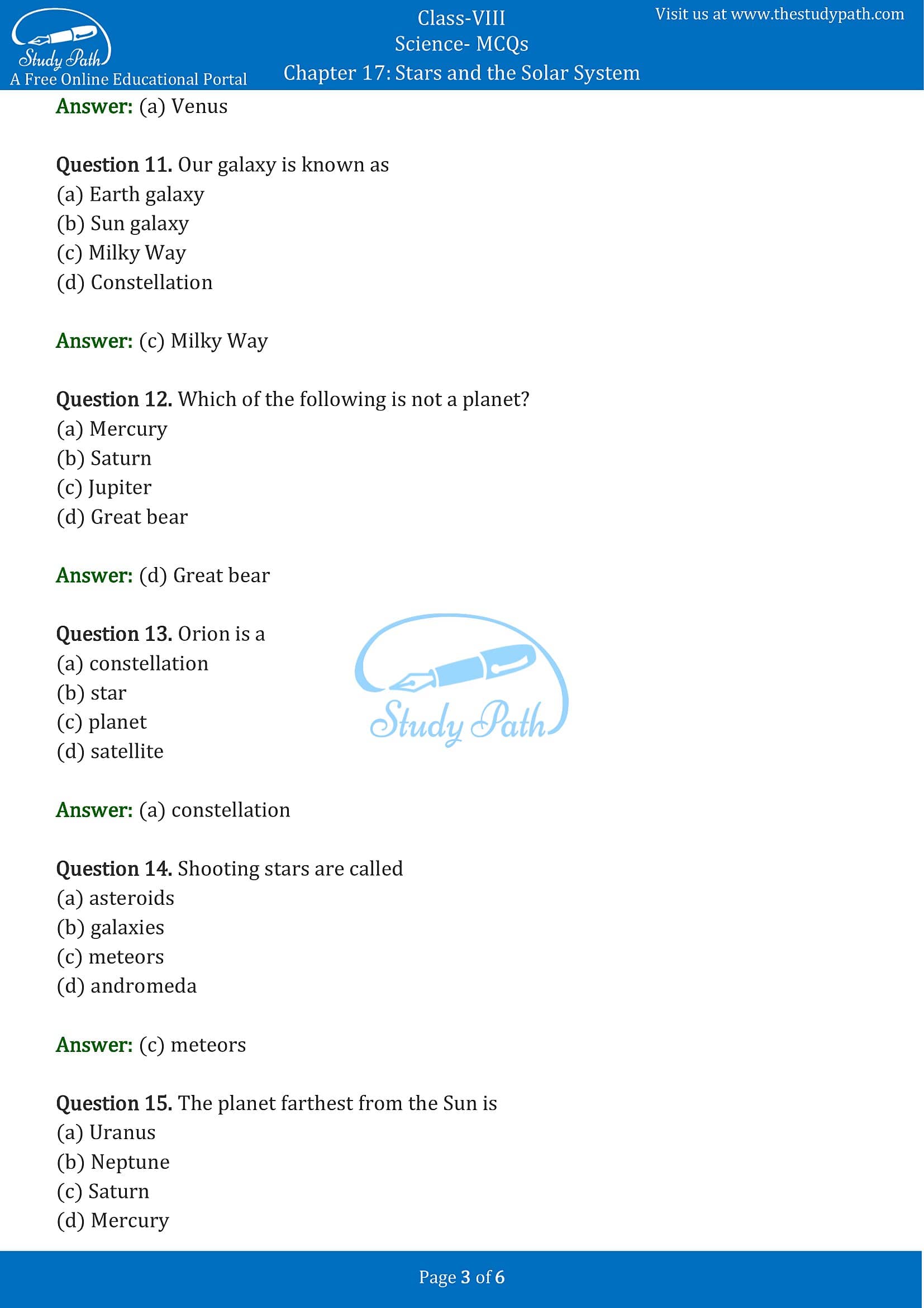MCQ Questions for Class 8 Science Chapter 17 Stars and the Solar System with Answers PDF -3