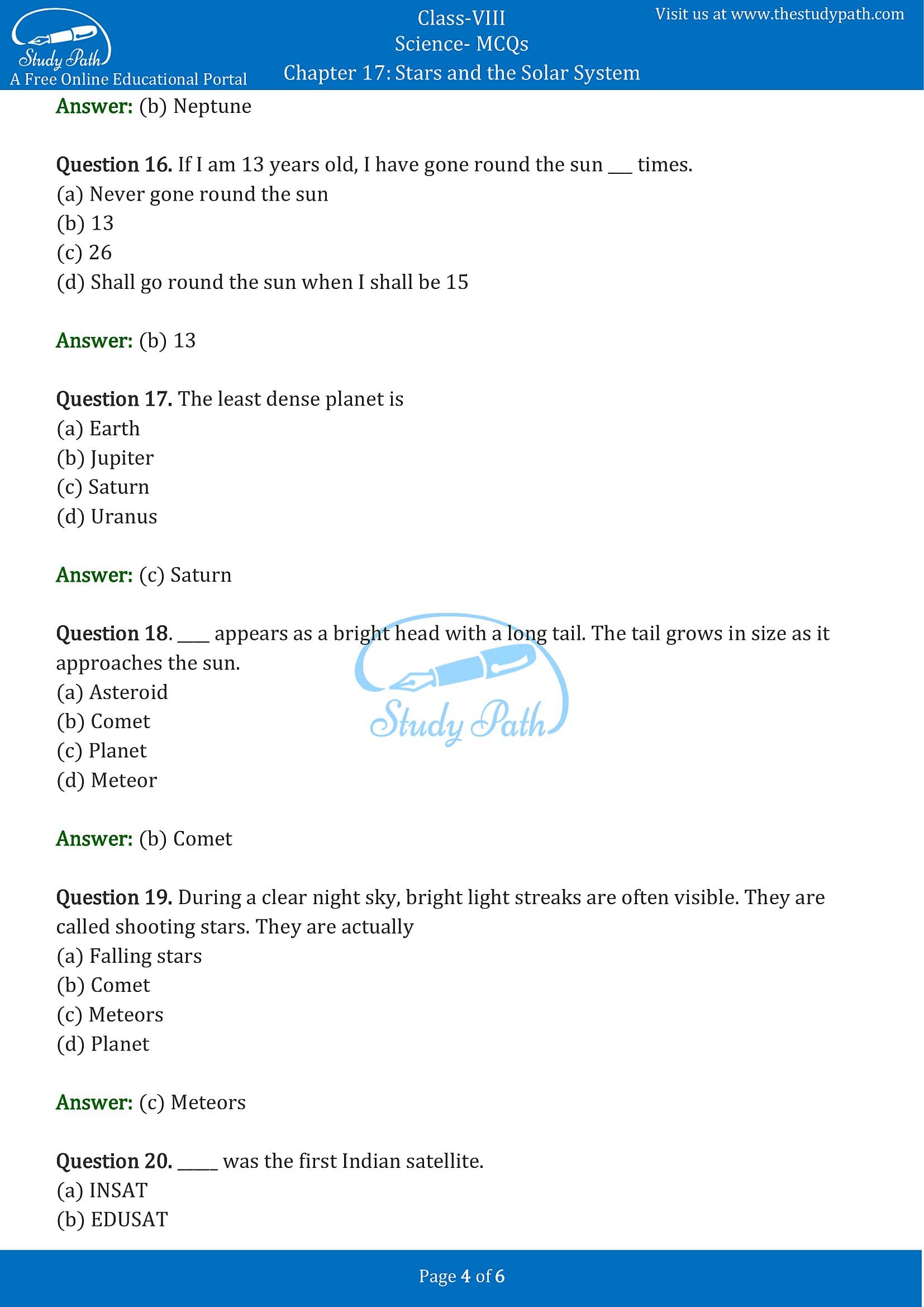 MCQ Questions for Class 8 Science Chapter 17 Stars and the Solar System with Answers PDF -4