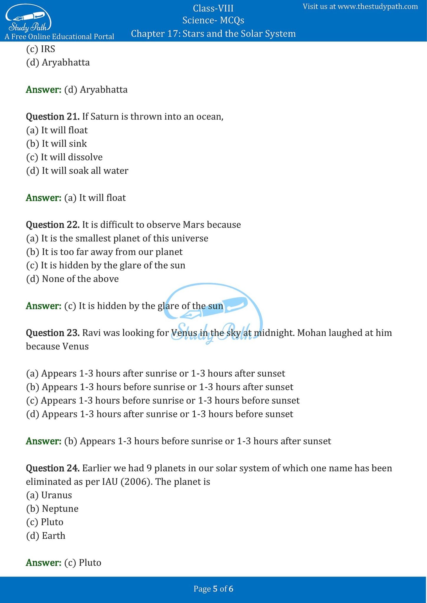 Class 8 Science Chapter 17 Stars and the Solar System MCQ with Answers