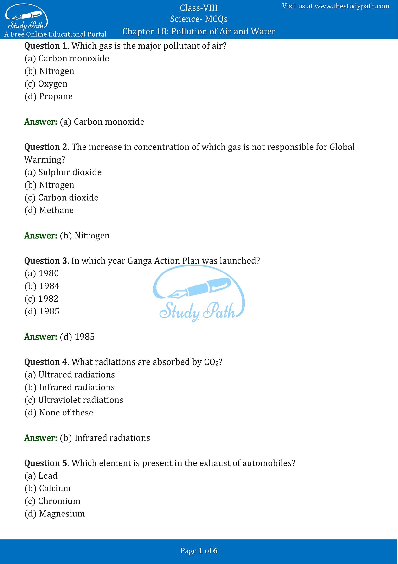 MCQ Questions for Class 8 Science Chapter 18 Pollution of Air and Water with Answers PDF -1
