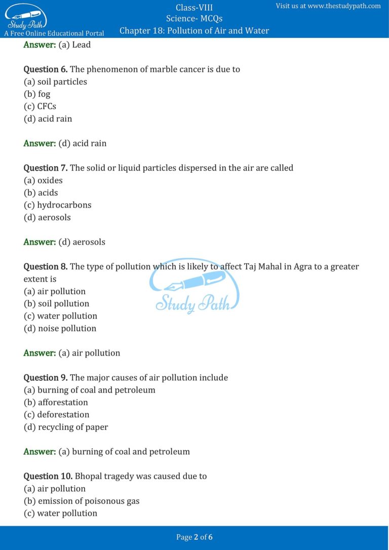 Class 8 Science Chapter 18 Pollution of Air and Water MCQ with Answers