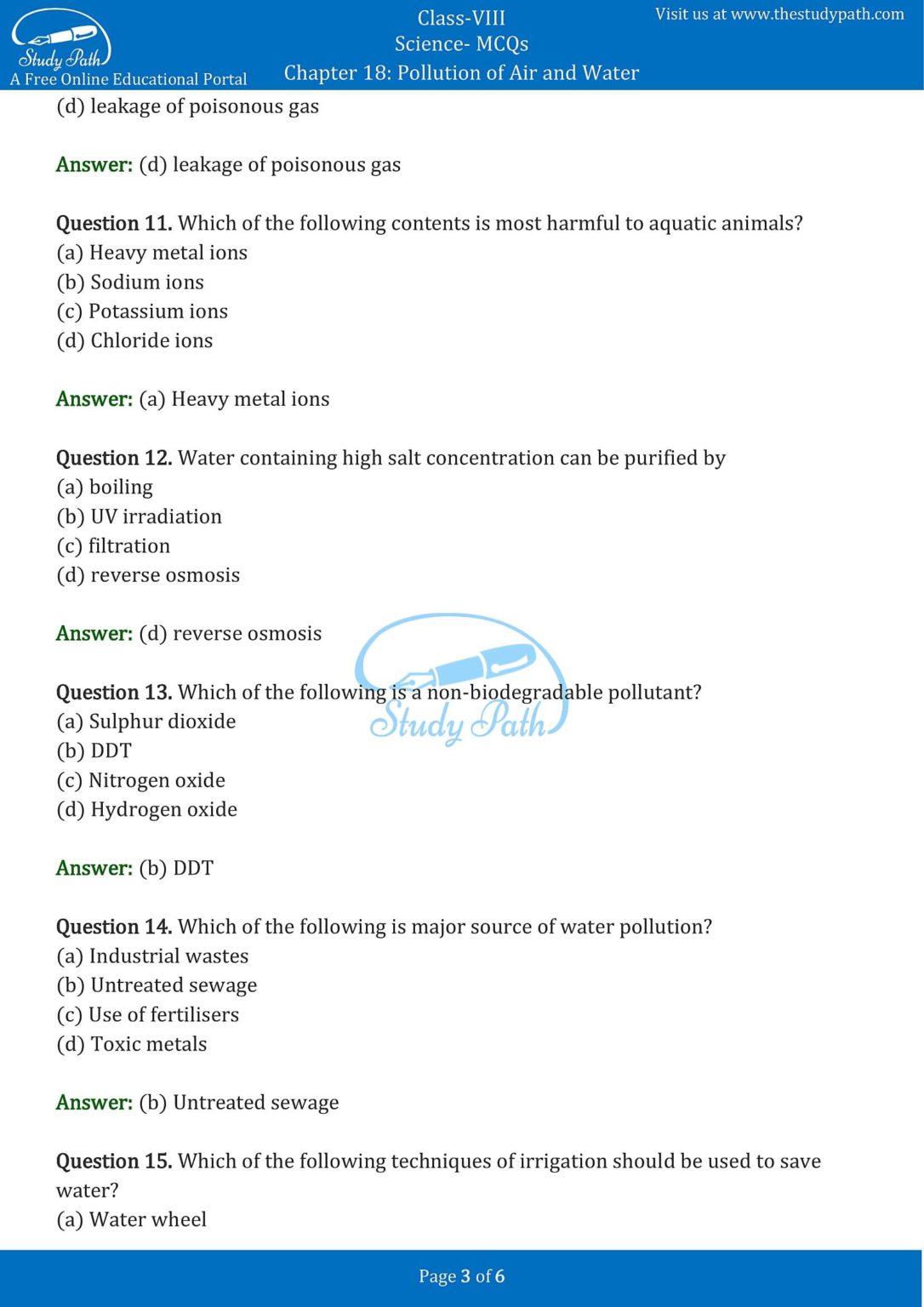Class 8 science chapter 18 pollution of air and water mcq with answers