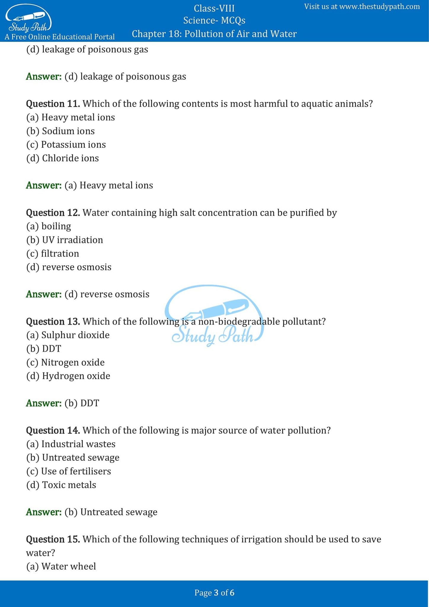 Class 8 Science Chapter 18 Pollution of Air and Water MCQ with Answers