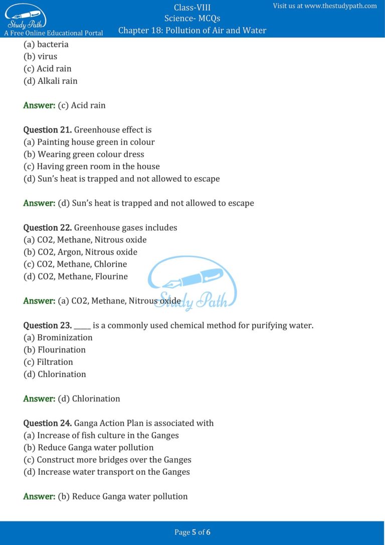 Class 8 Science Chapter 18 Pollution of Air and Water MCQ with Answers