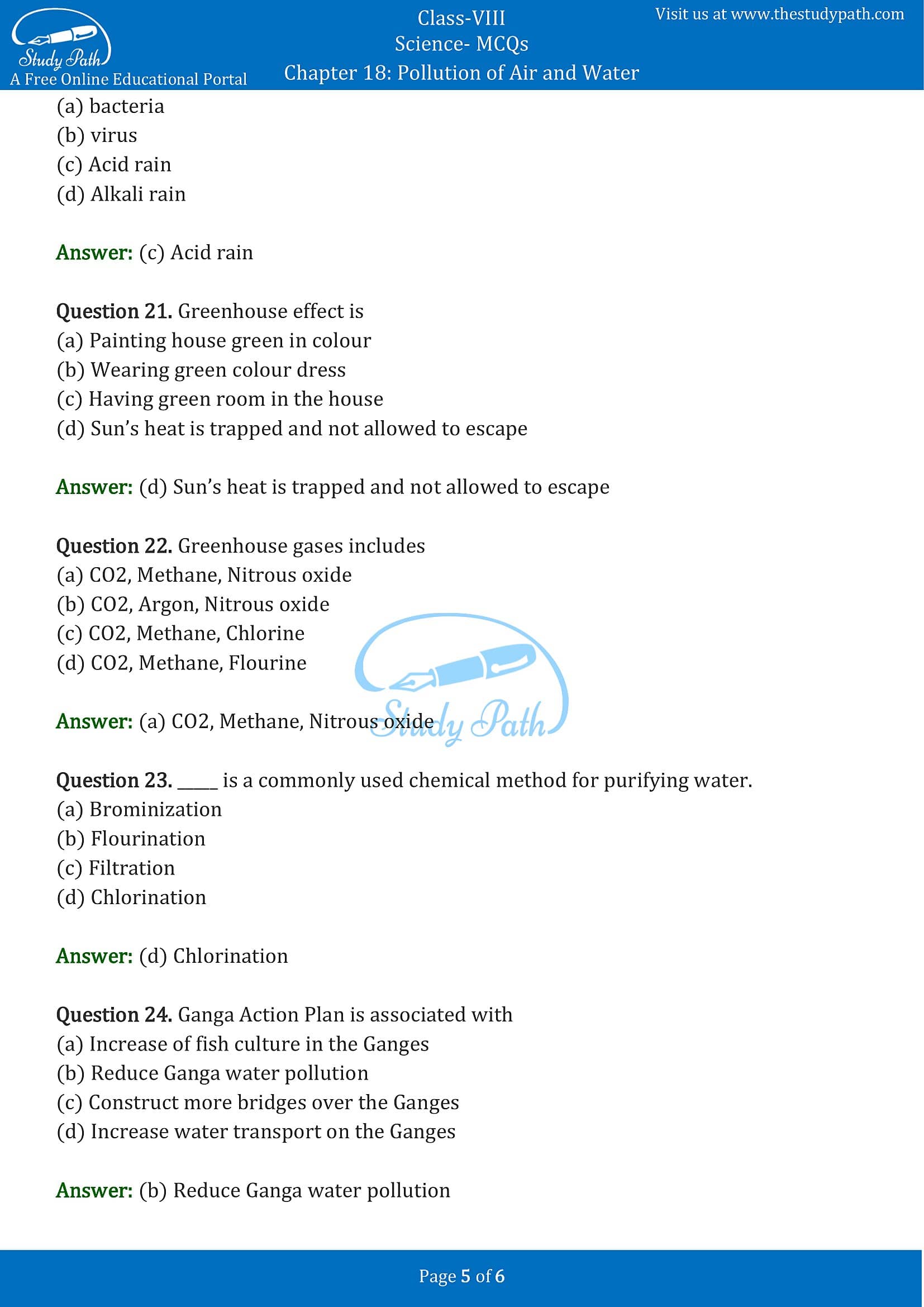MCQ Questions for Class 8 Science Chapter 18 Pollution of Air and Water with Answers PDF -5