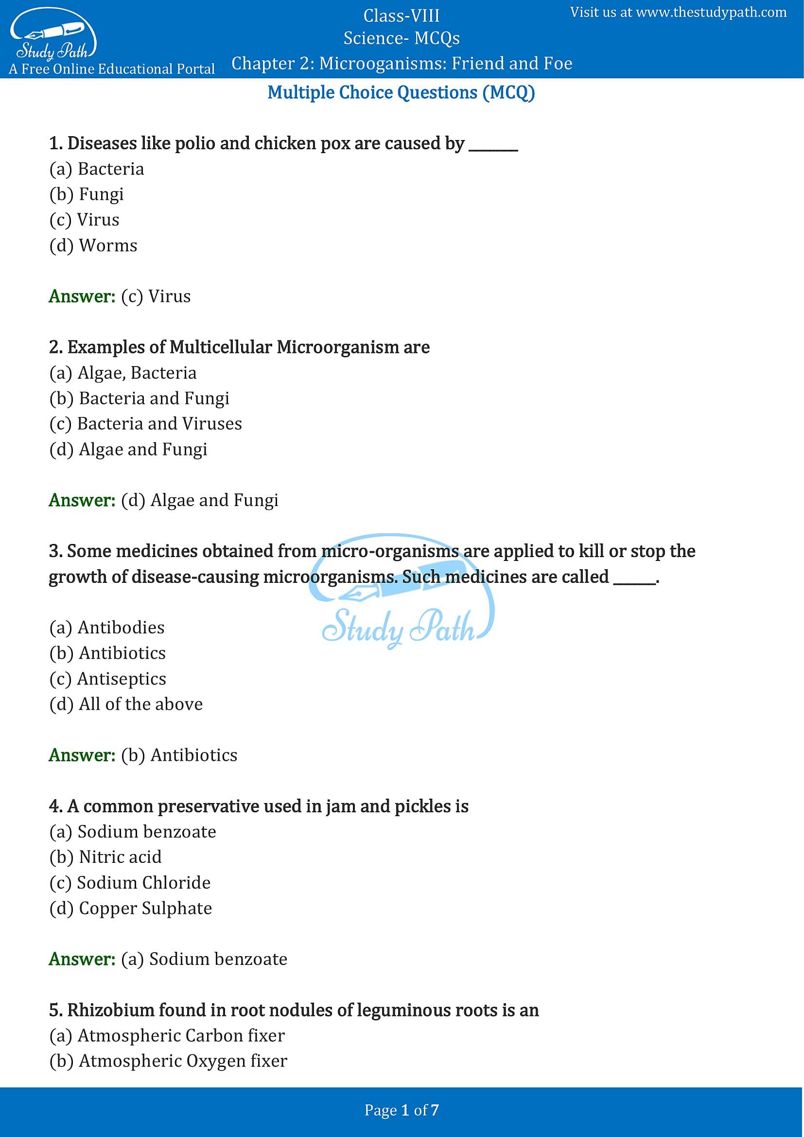 MCQ Questions for Class 8 Science Chapter 2 Microoganisms Friend and Foe with Answers PDF -1