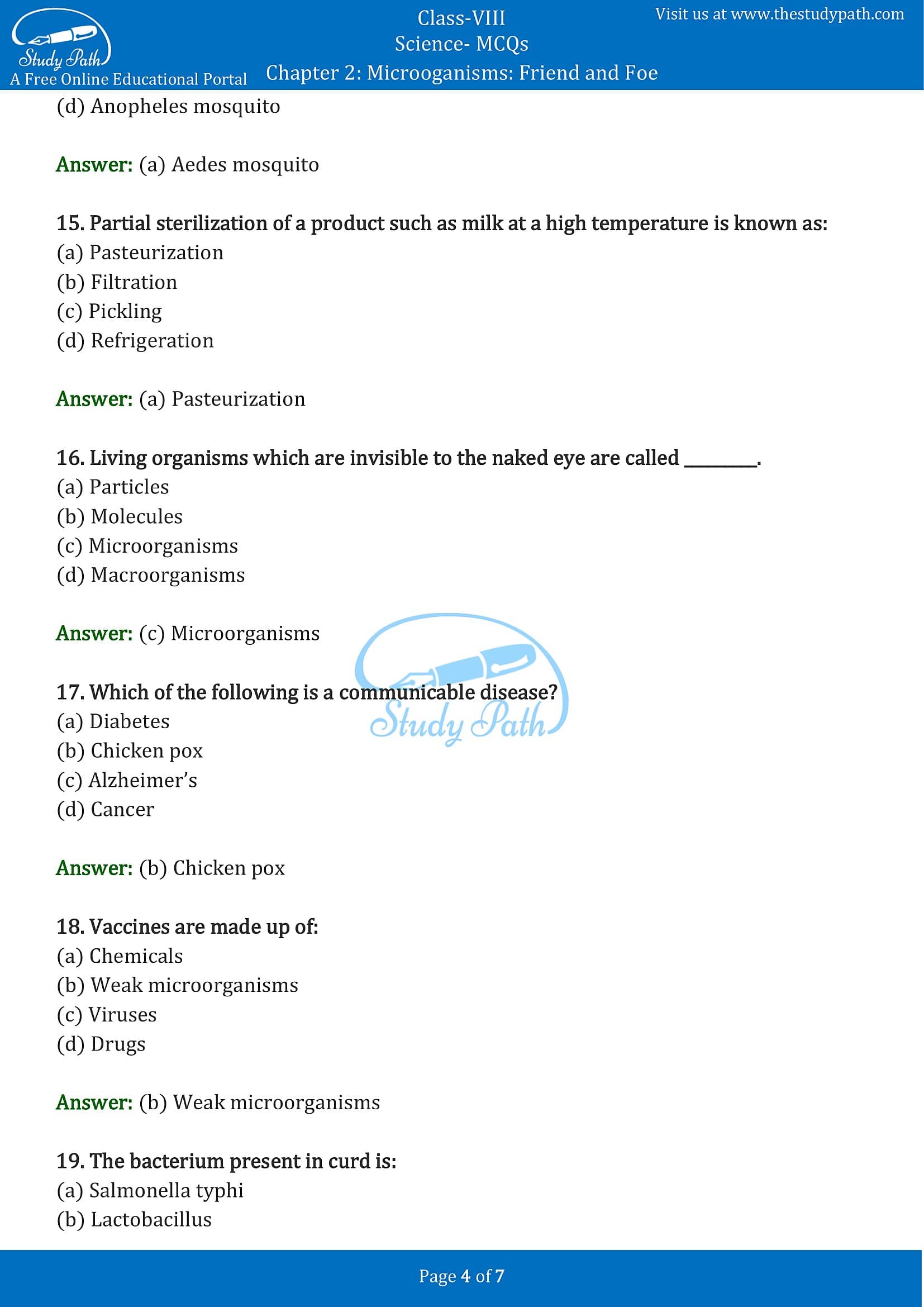 MCQ Questions for Class 8 Science Chapter 2 Microoganisms Friend and Foe with Answers PDF -4