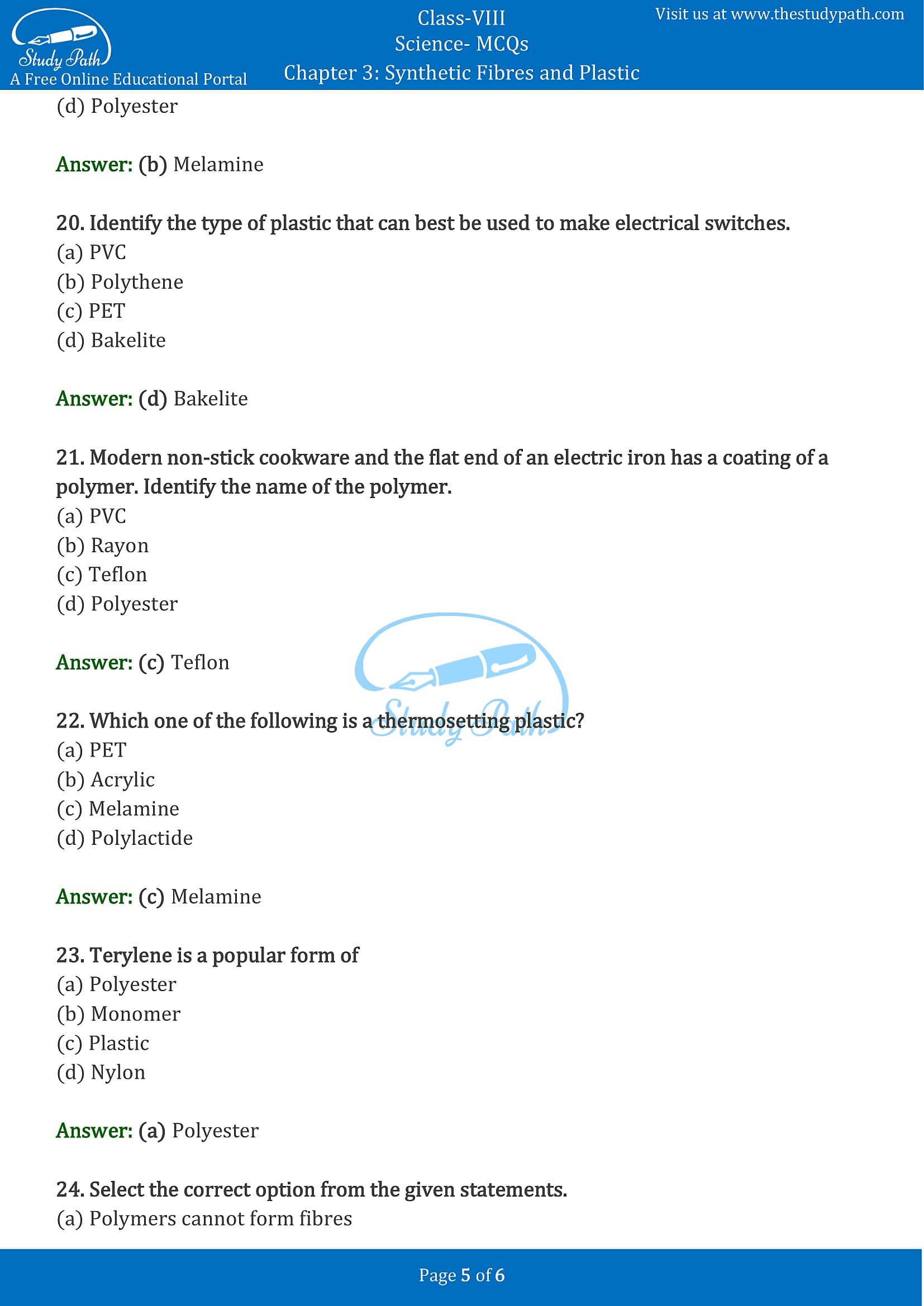 MCQ Questions for Class 8 Science Chapter 3 Synthetic Fibres and Plastics with Answers PDF -5