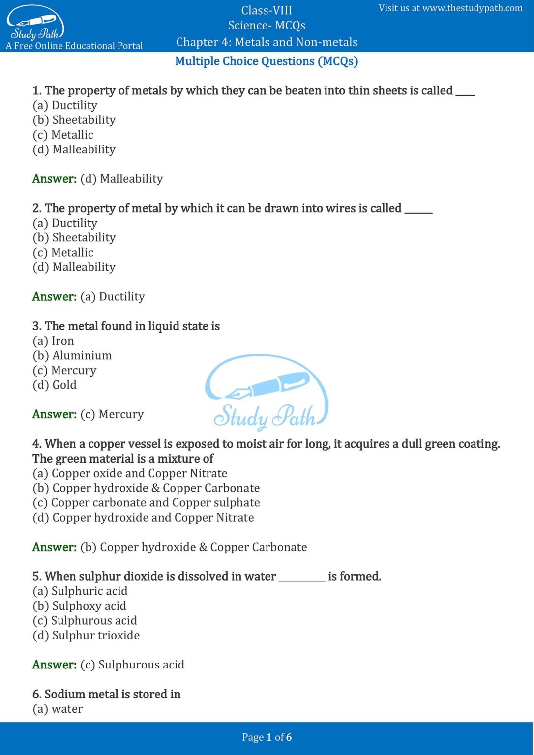 Class 8 science chapter 4 materials metals and non metals mcq with answers