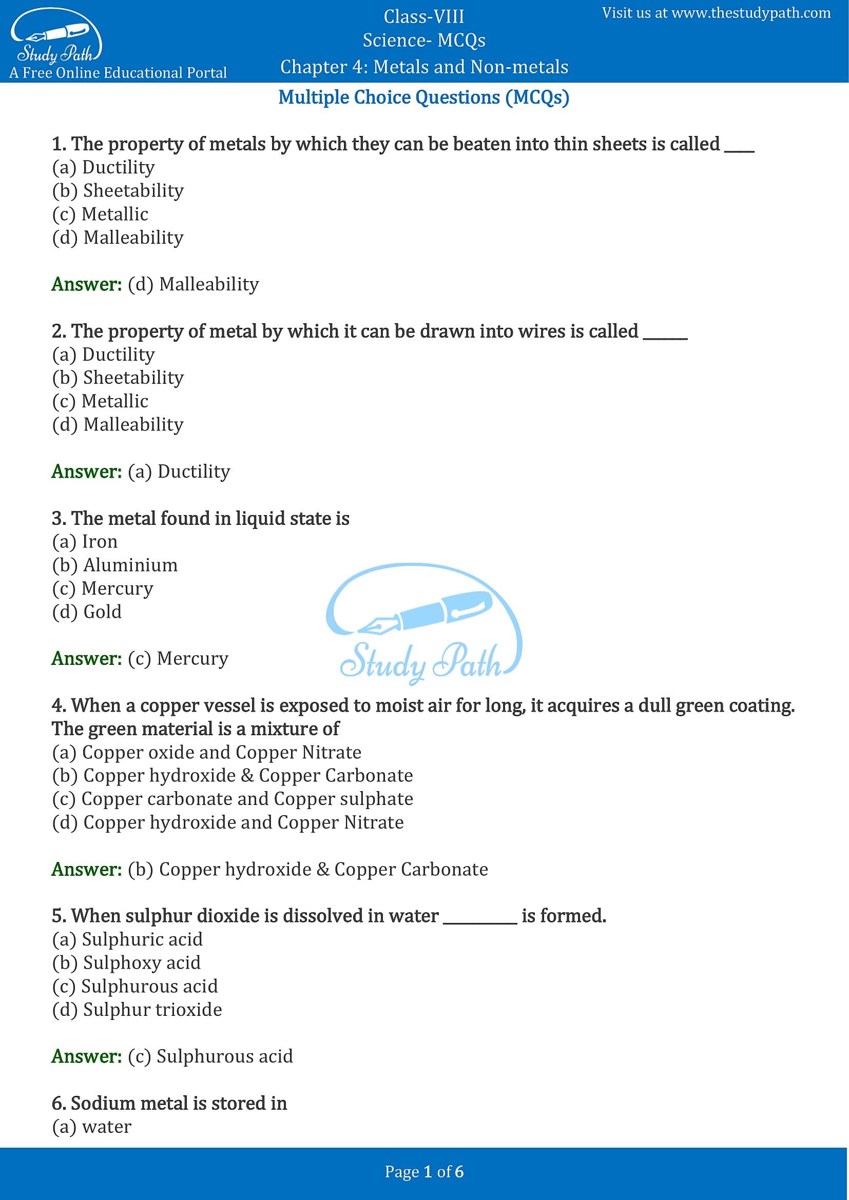 MCQ Questions for Class 8 Science Chapter 4 Metals and Non-metals with Answers PDF -1