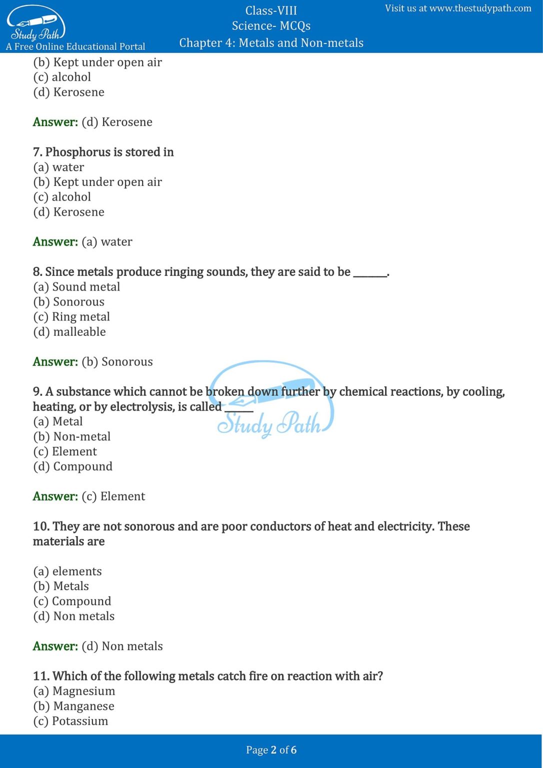 Class 8 Science Chapter 4 Materials Metals and Nonmetals MCQ with Answers