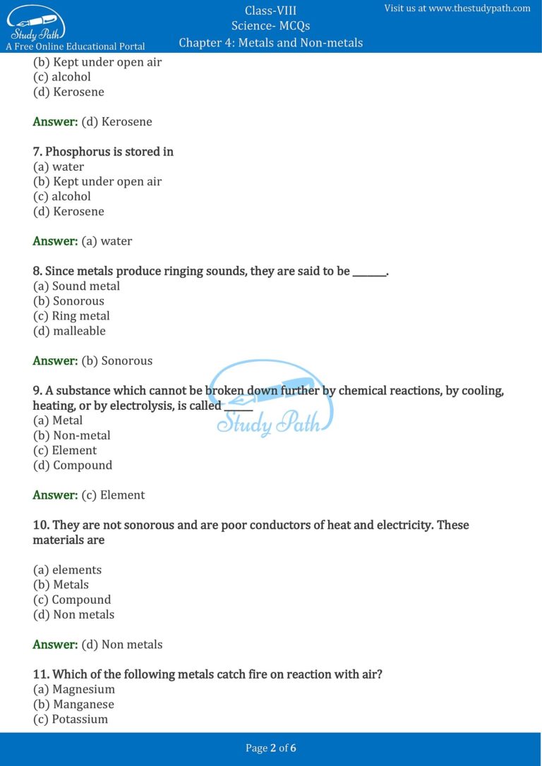 Class 8 Science Chapter 4 Materials Metals and Non-metals MCQ with Answers