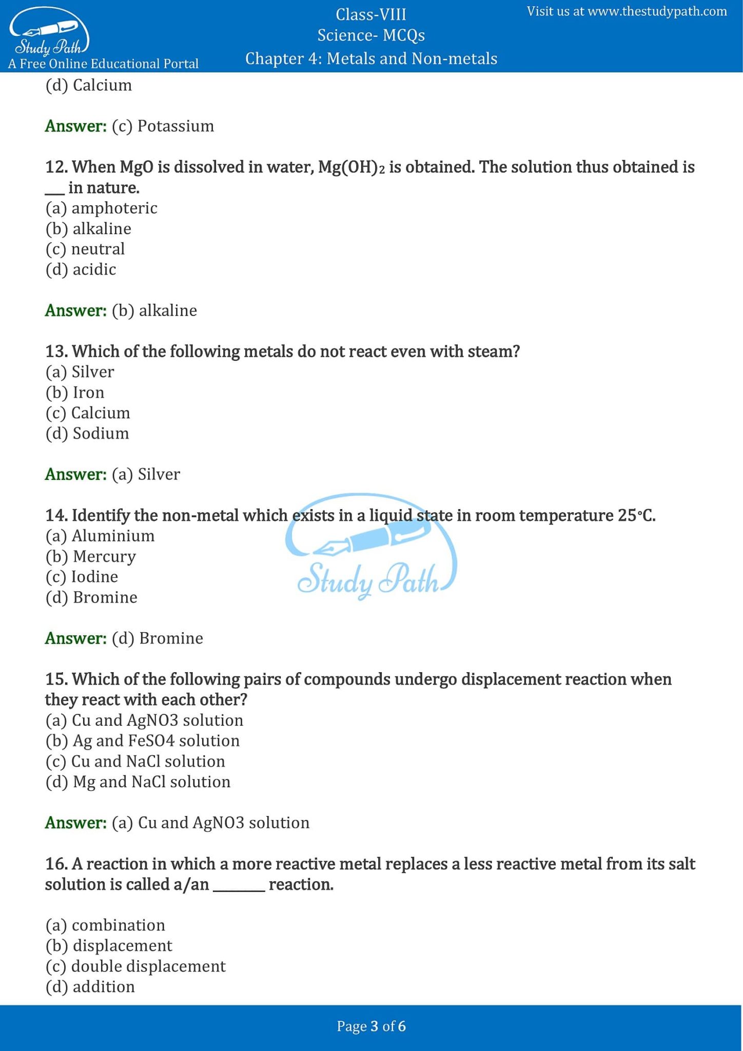 Class 8 Science Chapter 4 Materials Metals and Nonmetals MCQ with Answers