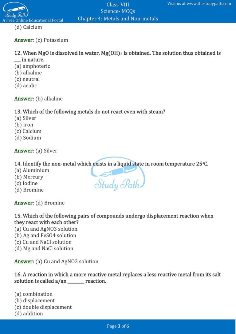 Class 8 Science Chapter 4 Materials Metals and Non-metals MCQ with Answers