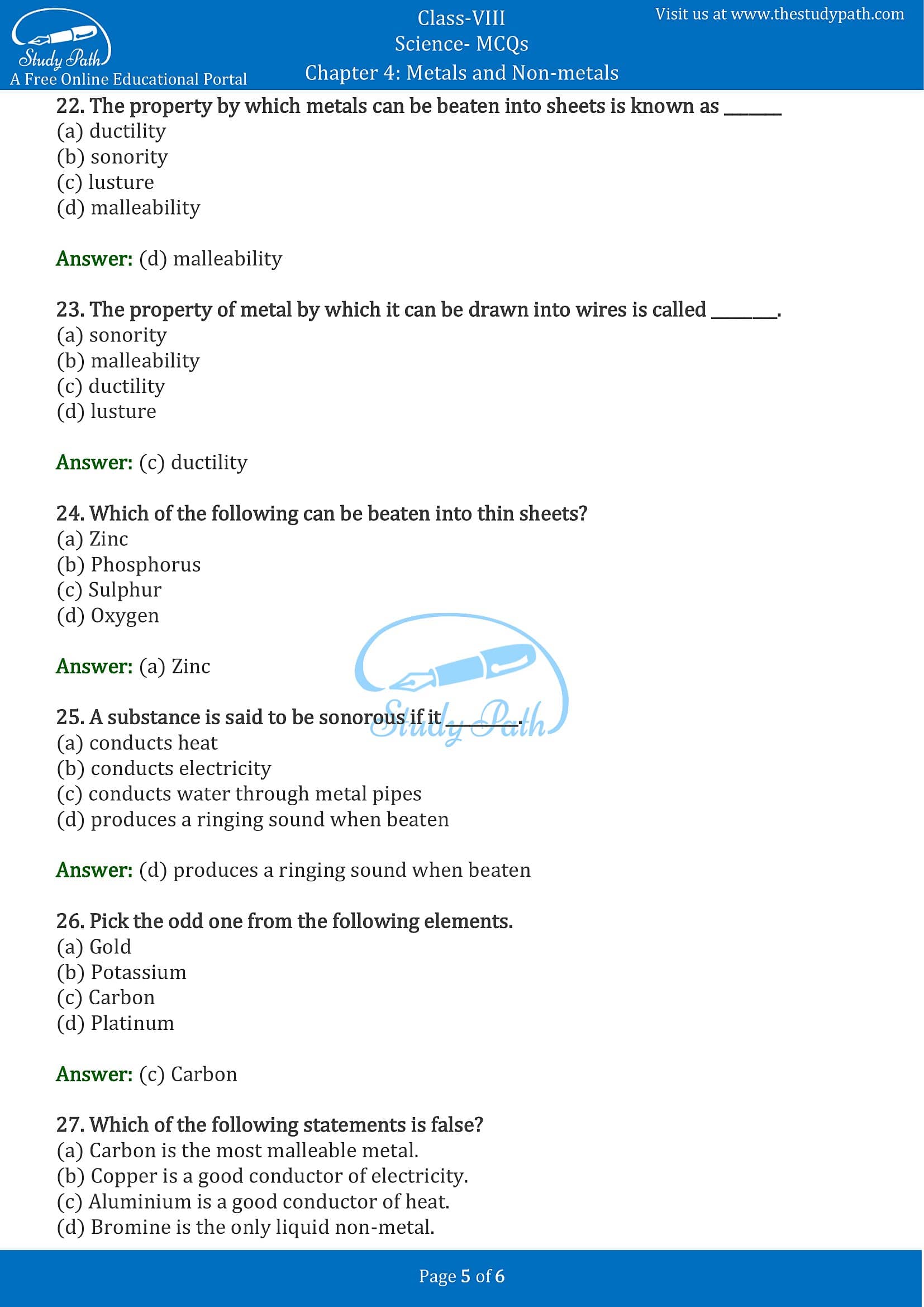 MCQ Questions for Class 8 Science Chapter 4 Metals and Non-metals with Answers PDF -5