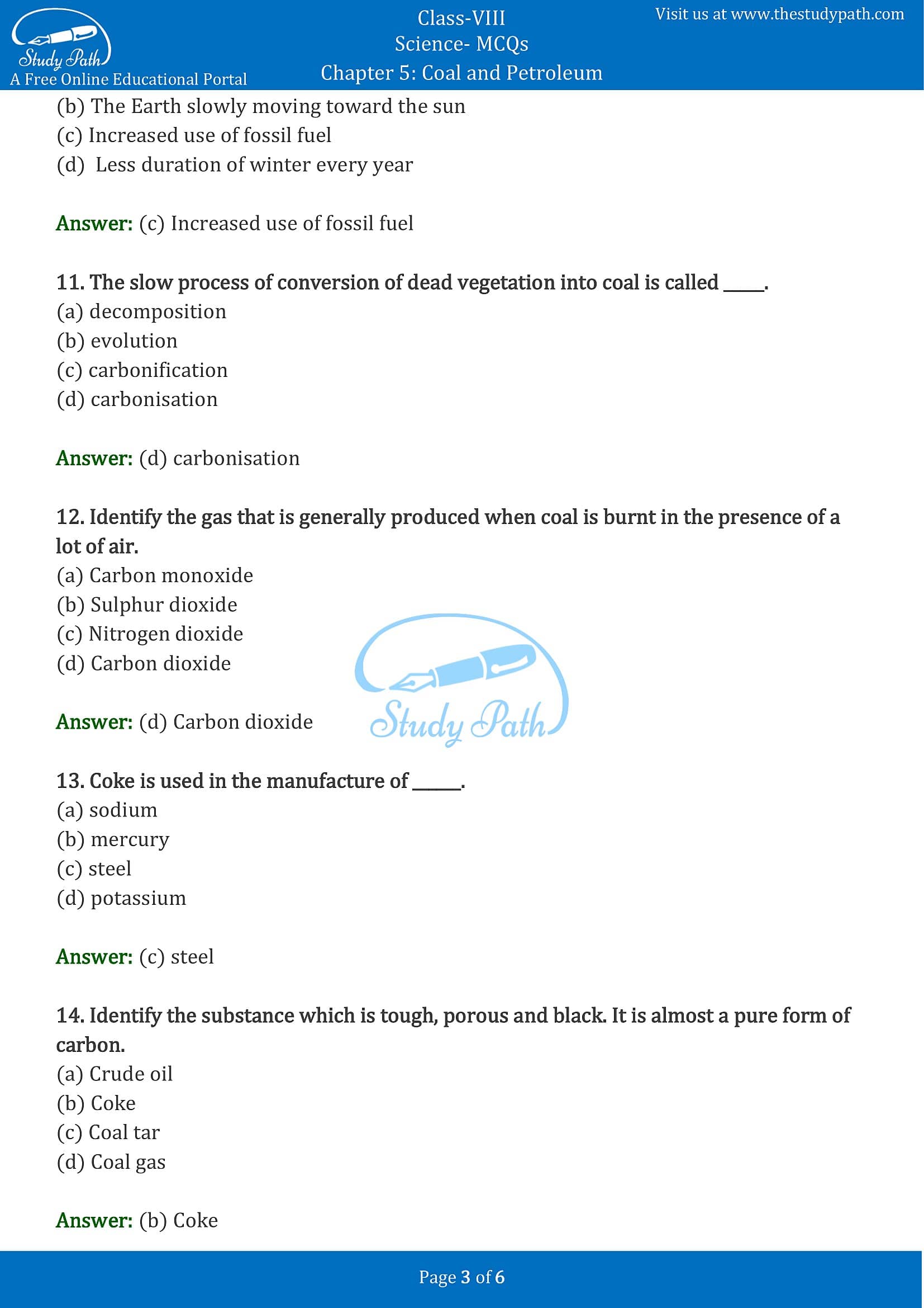 MCQ Questions for Class 8 Science Chapter 5 Coal and Petroleum with Answers PDF -3