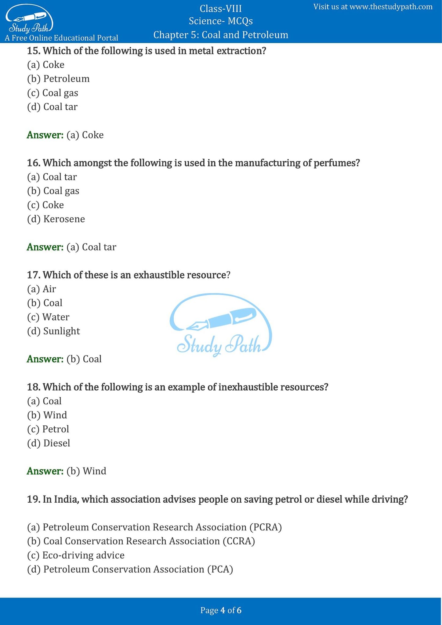 Class 8 Science Chapter 5 Coal and Petroleum MCQ with Answers