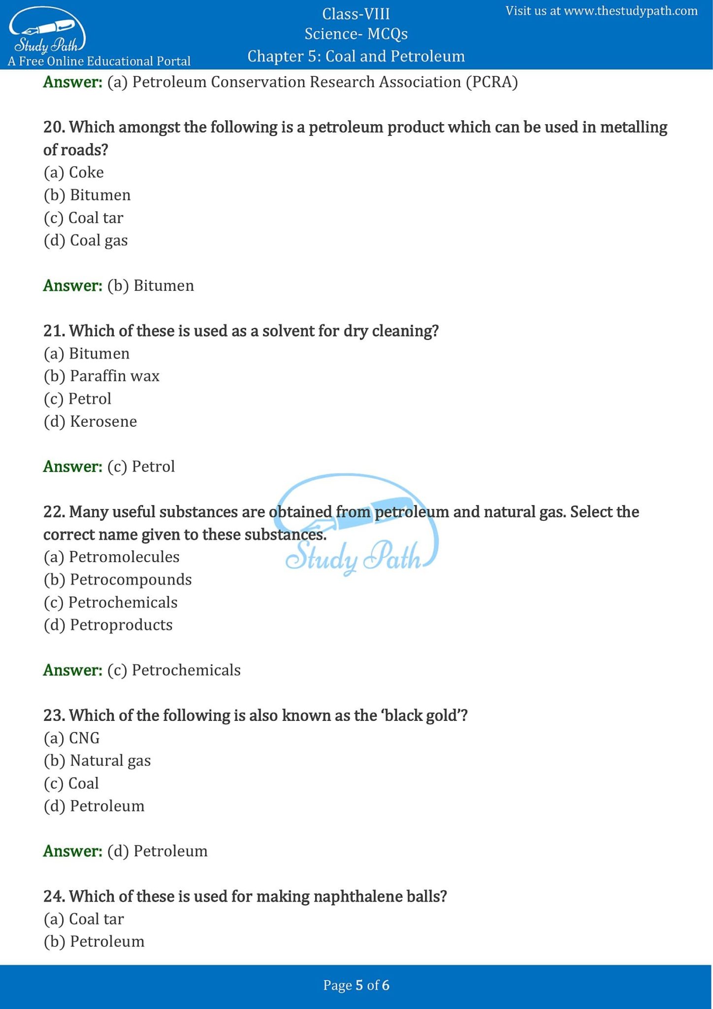 Class 8 Science Chapter 5 Coal and Petroleum MCQ with Answers
