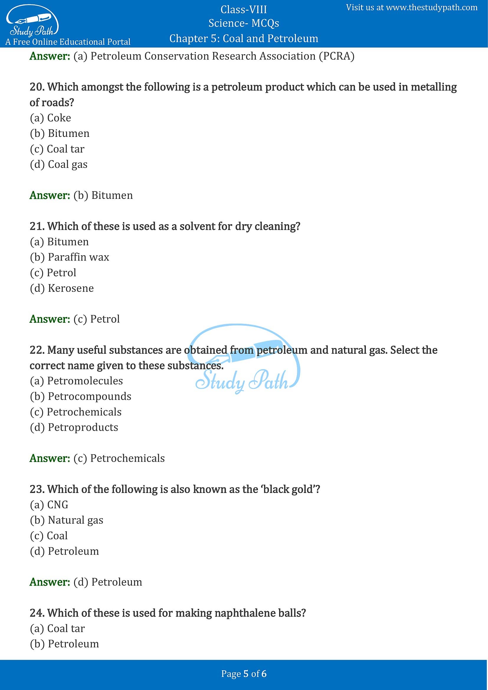 MCQ Questions for Class 8 Science Chapter 5 Coal and Petroleum with Answers PDF -5