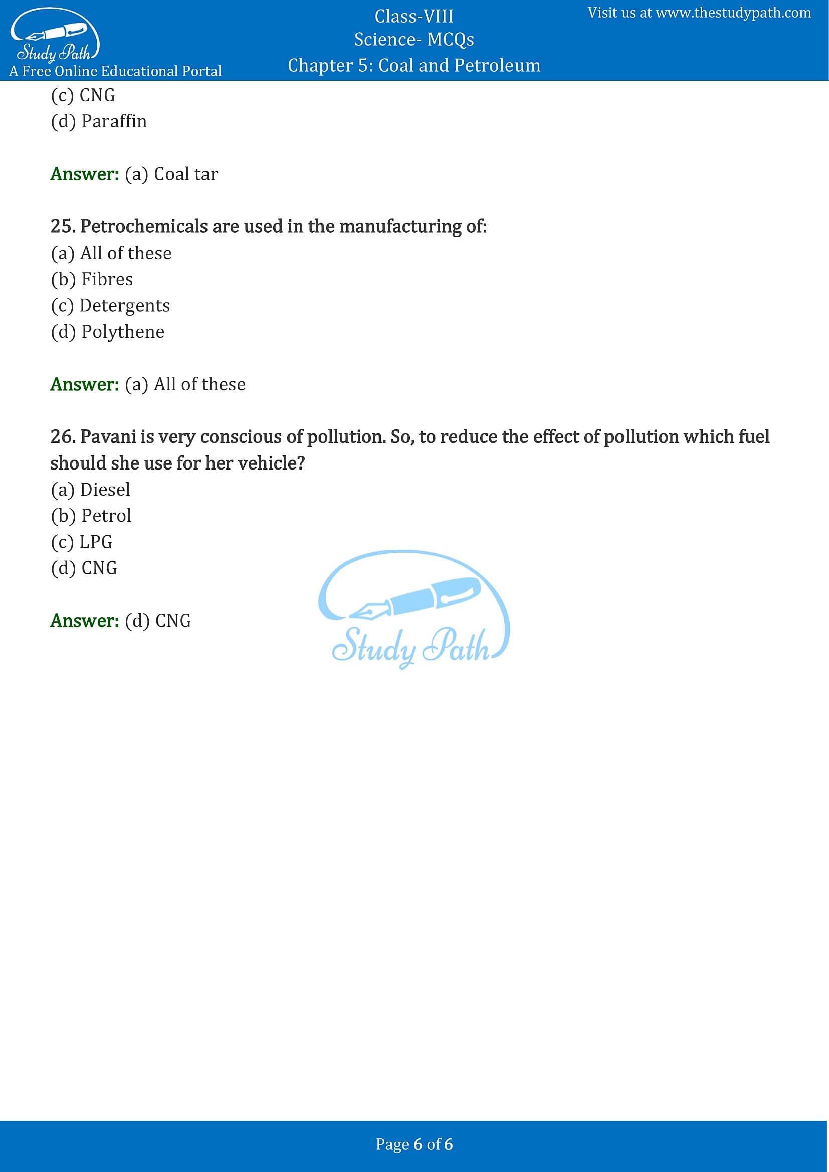 MCQ Questions for Class 8 Science Chapter 5 Coal and Petroleum with Answers PDF -6