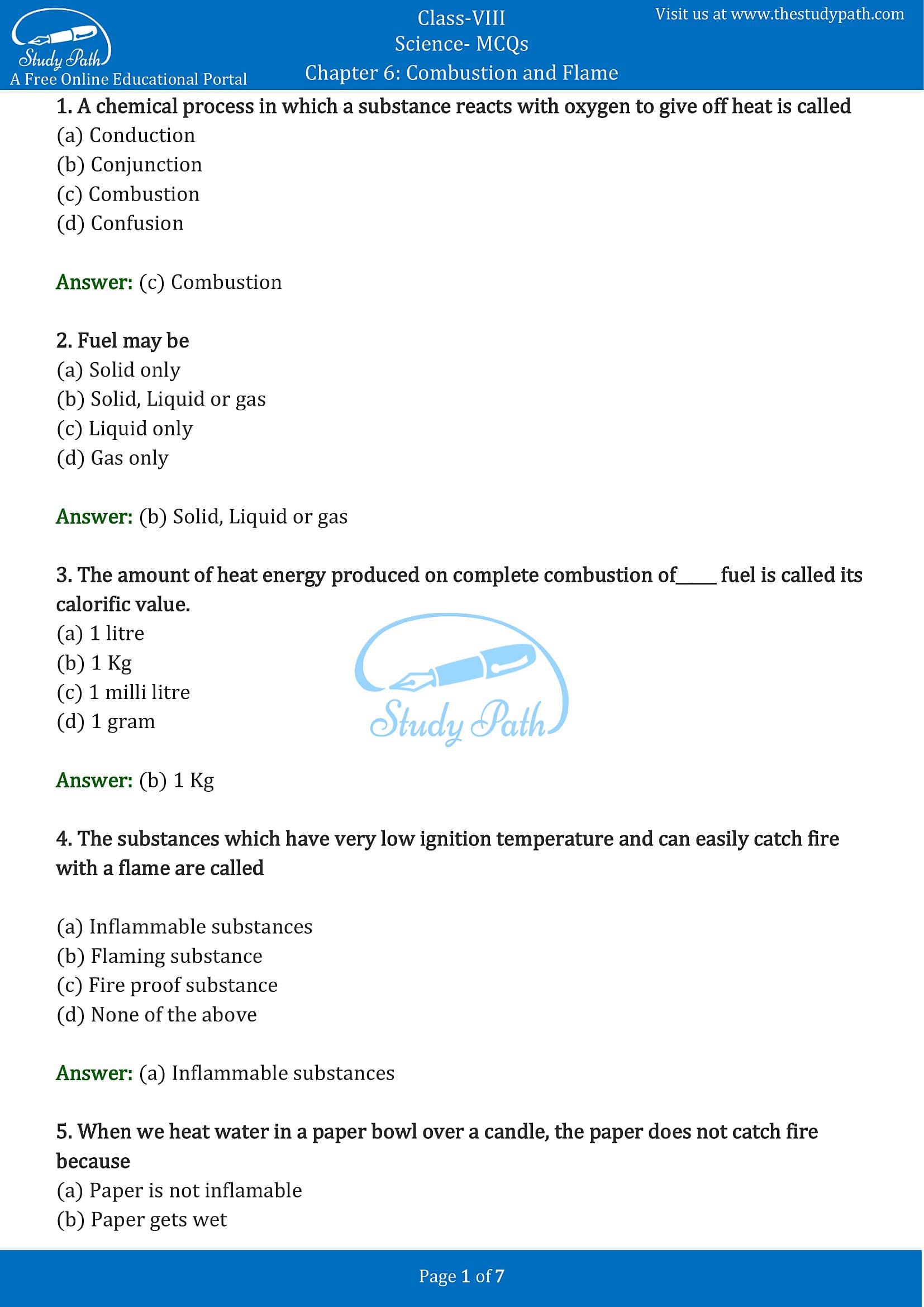 MCQ Questions for Class 8 Science Chapter 6 Combustion and Flame with Answers PDF -1