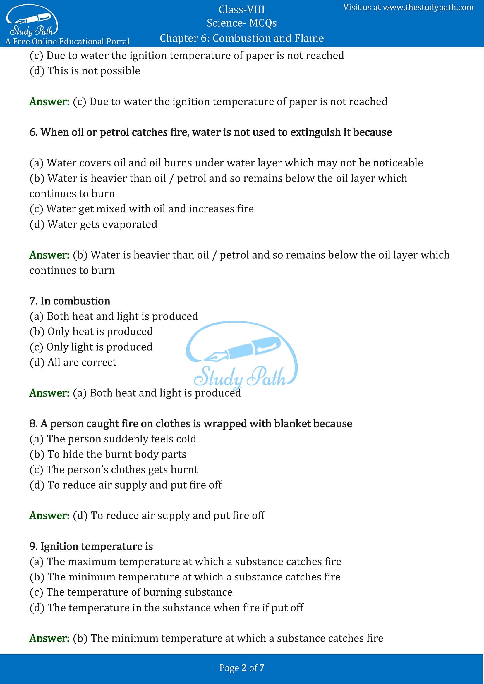 MCQ Questions for Class 8 Science Chapter 6 Combustion and Flame with Answers PDF -2