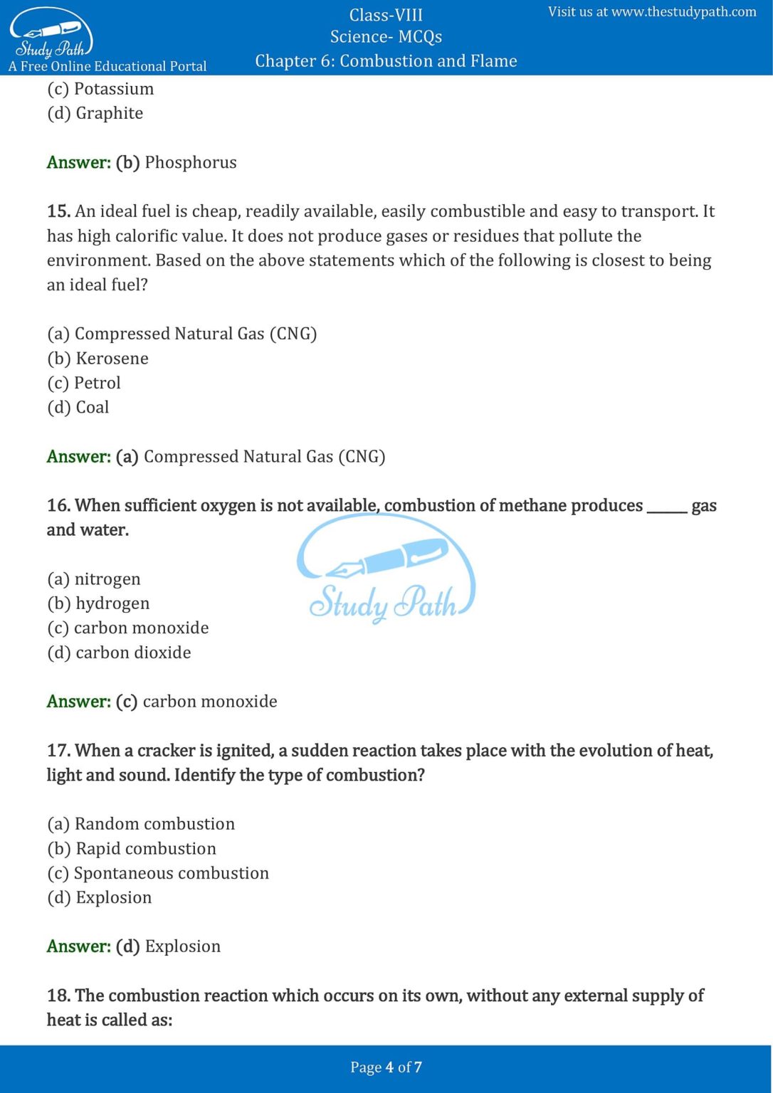 Class 8 Science Chapter 6 Combustion and Flame MCQ with Answers