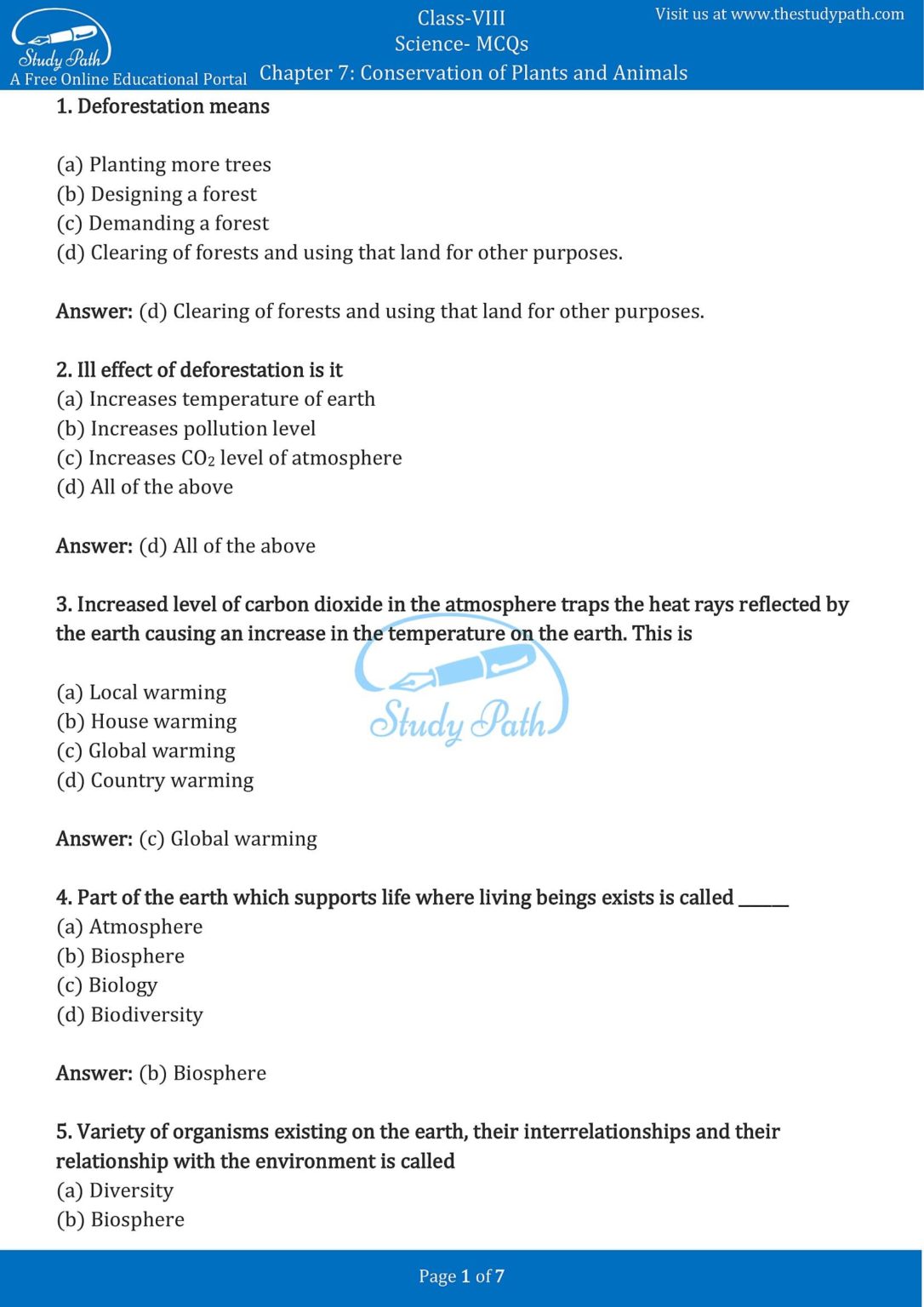 Class 8 Science Chapter 7 Conservation of Plants and Animals MCQ with Answers Class 8 Science Chapter 7 Conservation of Plants and Animals MCQ with Answers