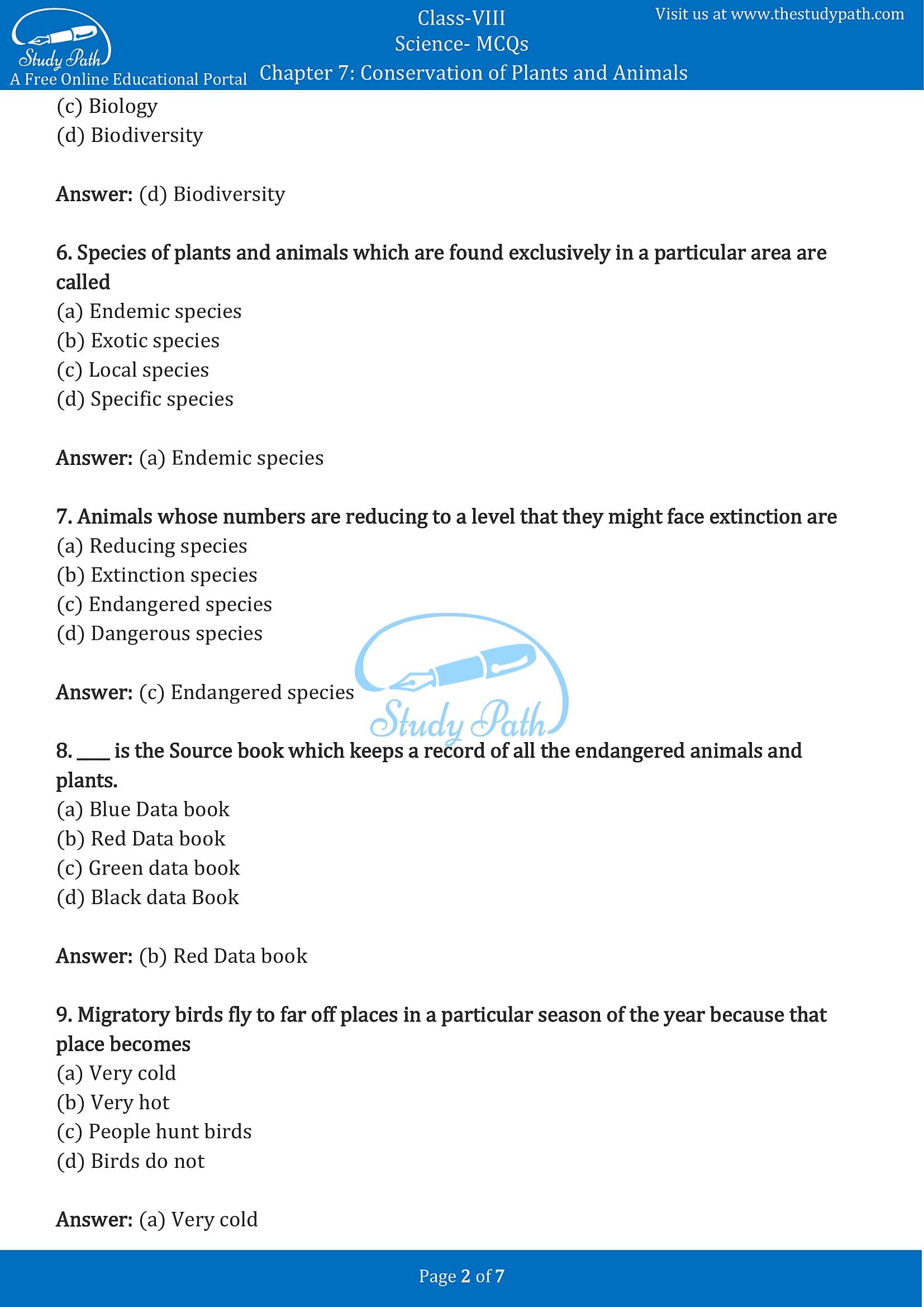 Class 8 Science Chapter 7 Conservation of Plants and Animals MCQ with  Answers