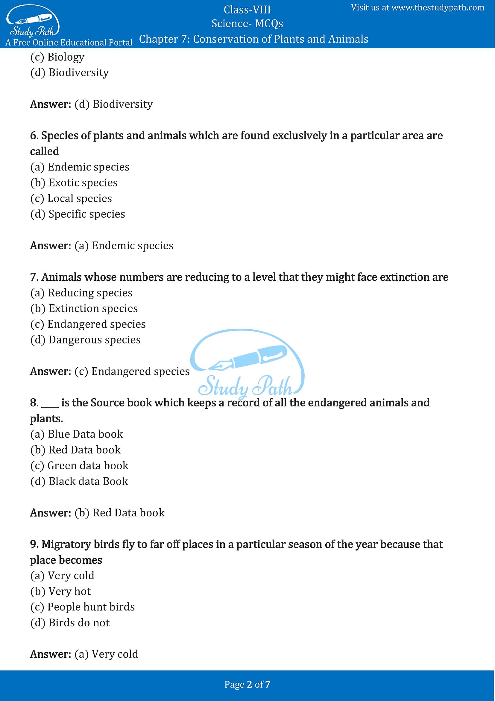 Class 8 Science Chapter 7 Conservation of Plants and Animals MCQ with Answers Class 8 Science Chapter 7 Conservation of Plants and Animals MCQ with Answers