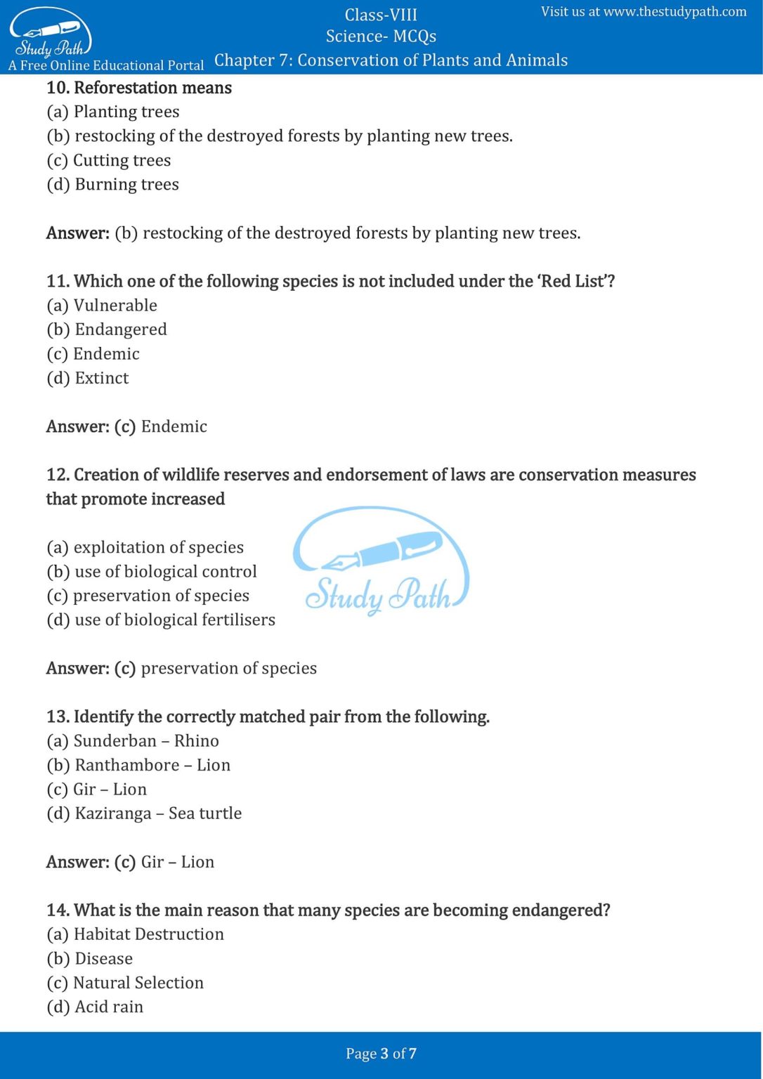Class 8 Science Chapter 7 Conservation of Plants and Animals MCQ with Answers