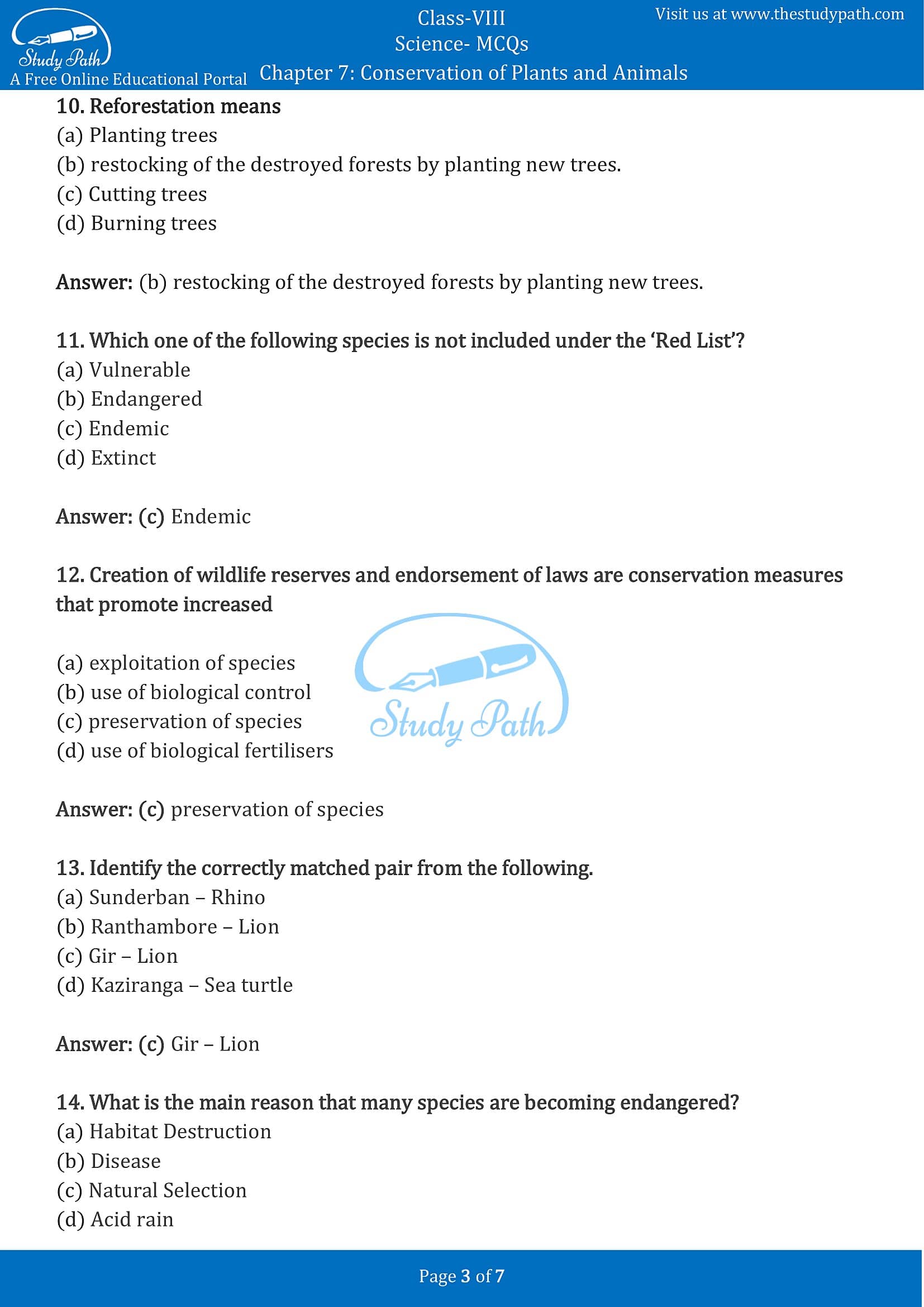 MCQ Questions for Class 8 Science Chapter 7 Conservation of Plants and Animals with Answers PDF -3