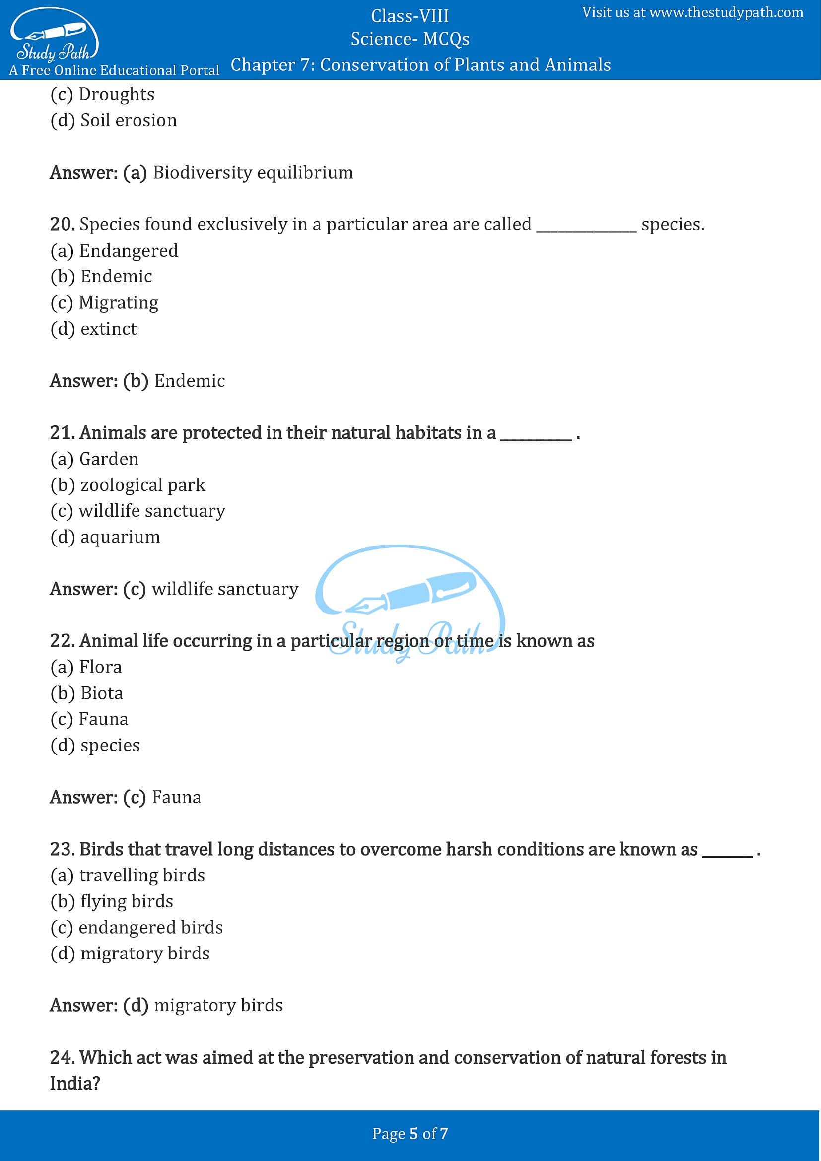 MCQ Questions for Class 8 Science Chapter 7 Conservation of Plants and Animals with Answers PDF -5
