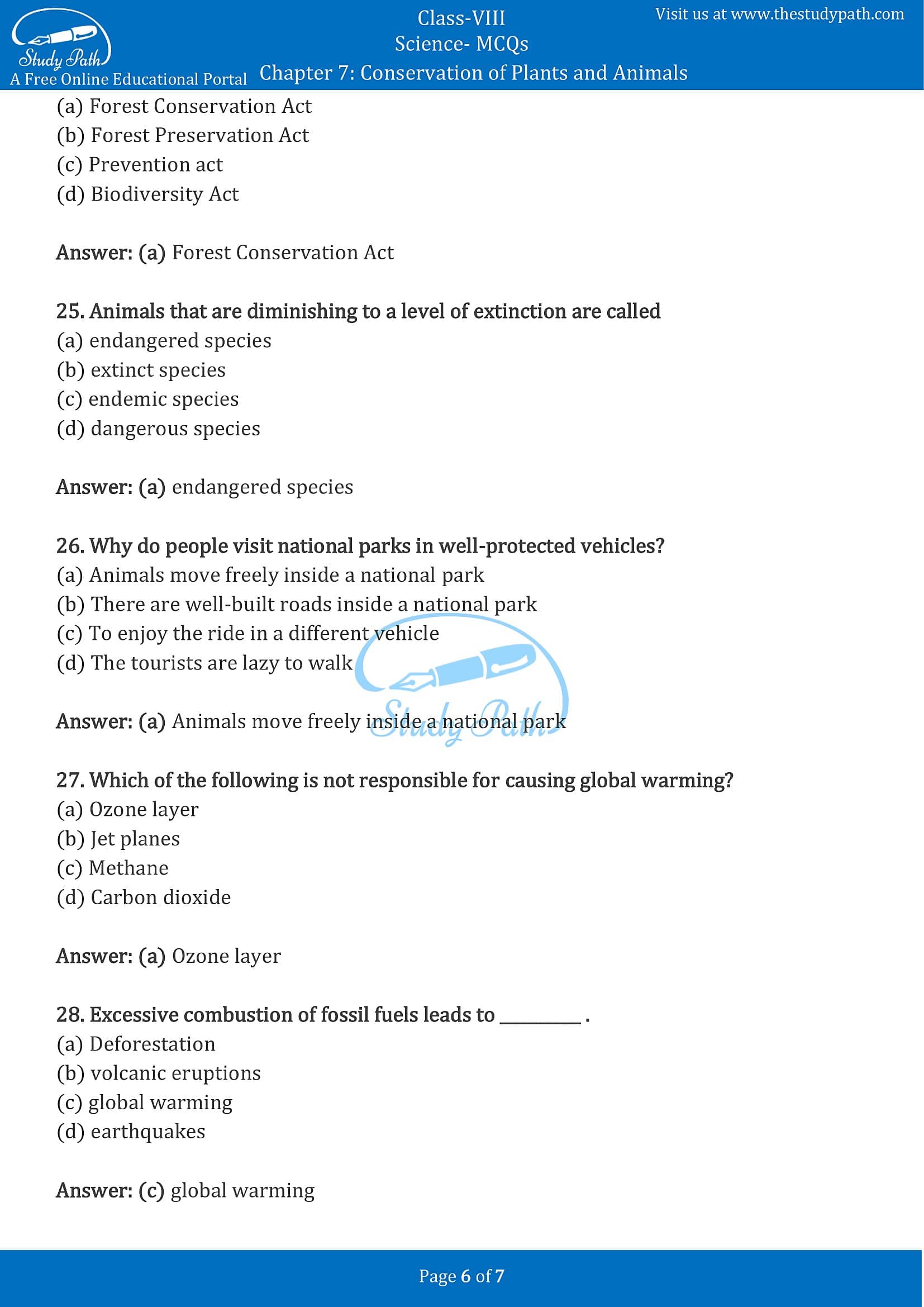 MCQ Questions for Class 8 Science Chapter 7 Conservation of Plants and Animals with Answers PDF -6
