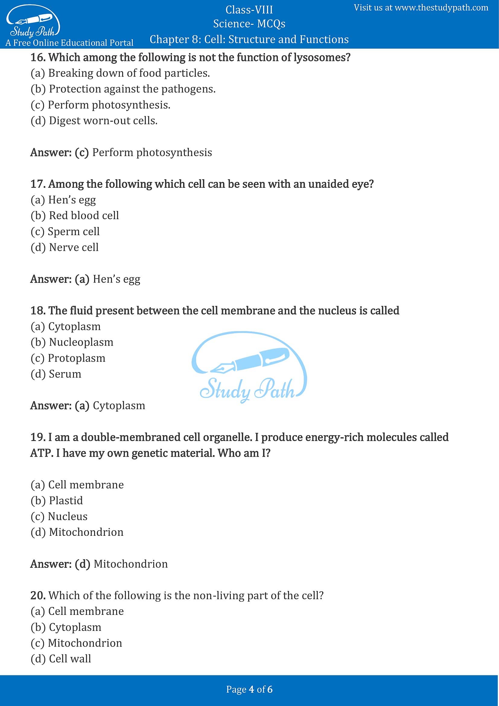 MCQ Questions for Class 8 Science Chapter 8 Cell Structure and Functions with Answers PDF -4