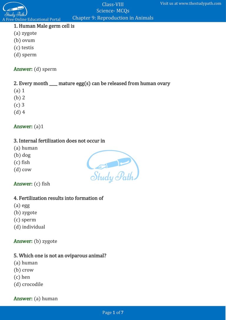 Class 8 Science Chapter 9 Reproduction in Animals MCQ with Answers