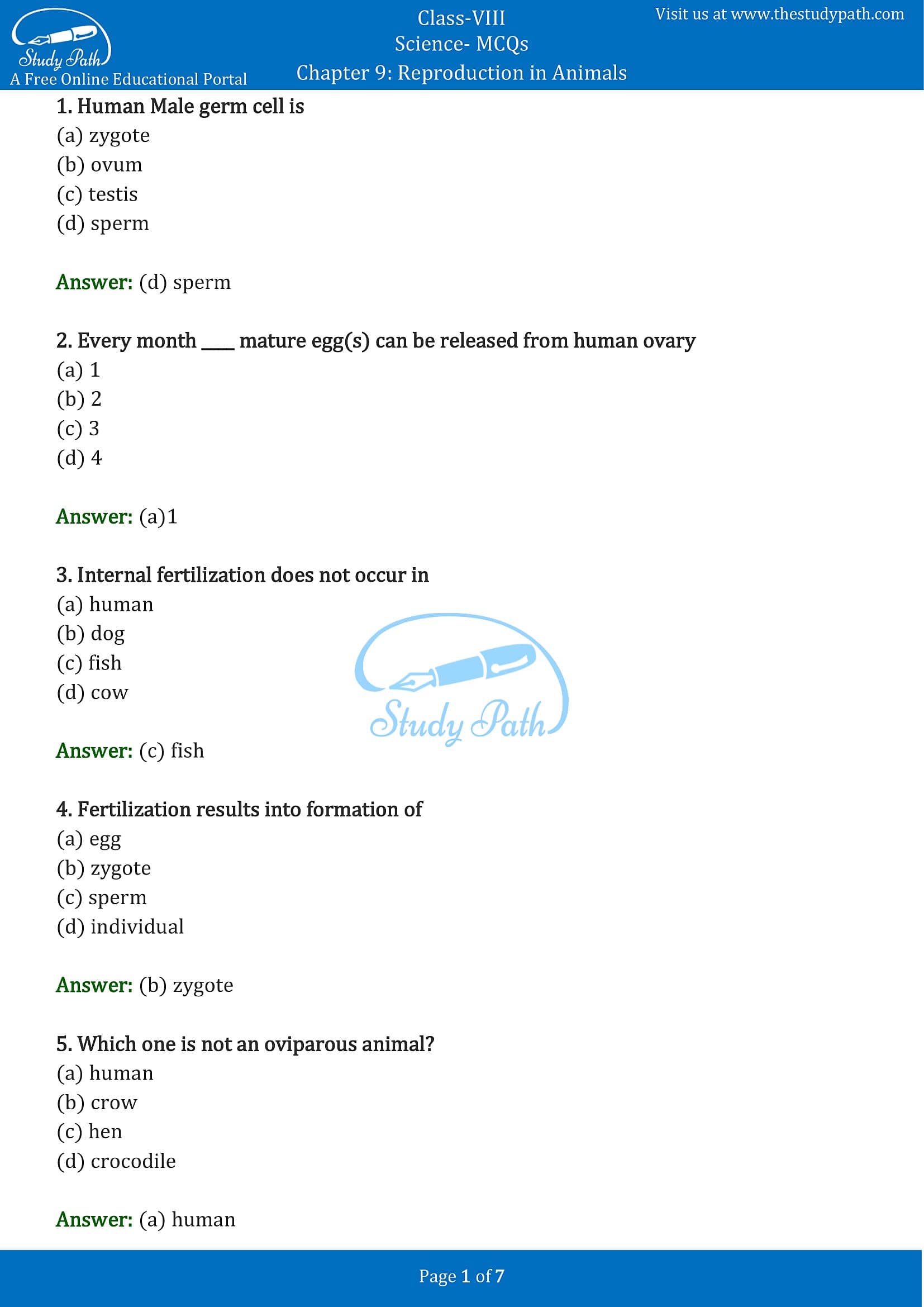 Class 8 Science Chapter 9 Reproduction in Animals MCQ with Answers