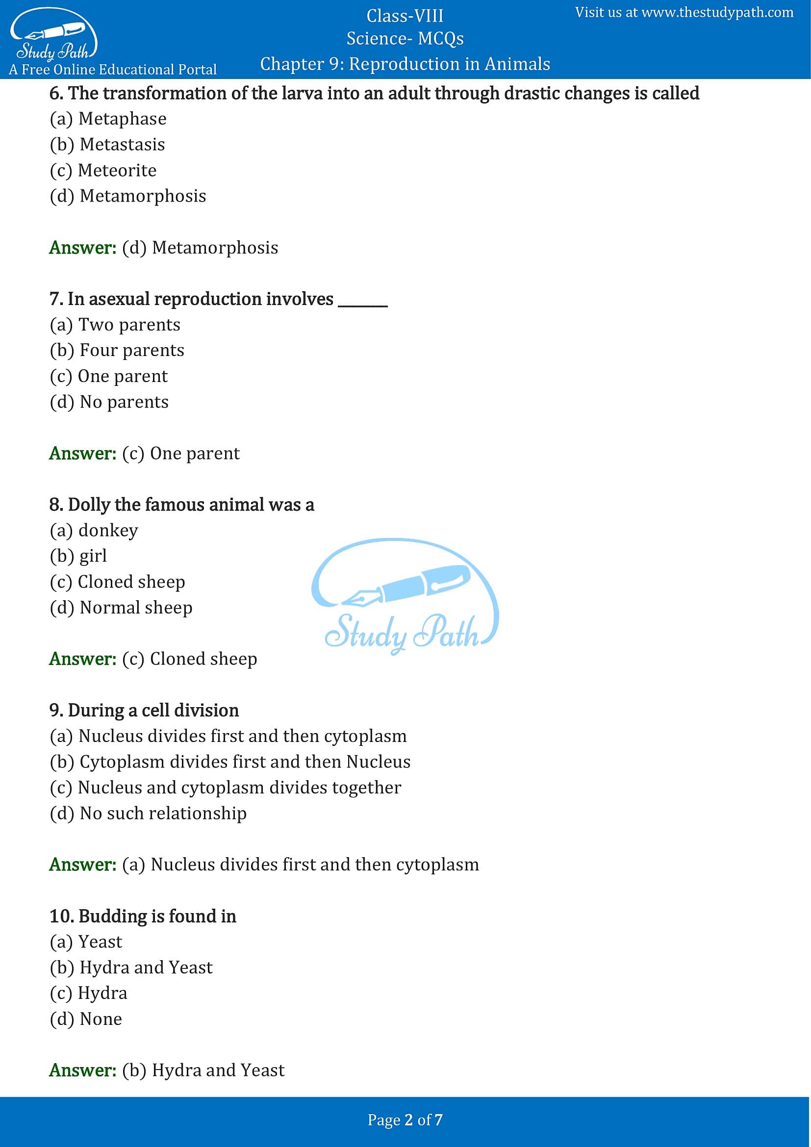 MCQ Questions for Class 8 Science Chapter 9 Reproduction in Animals with Answers PDF -2