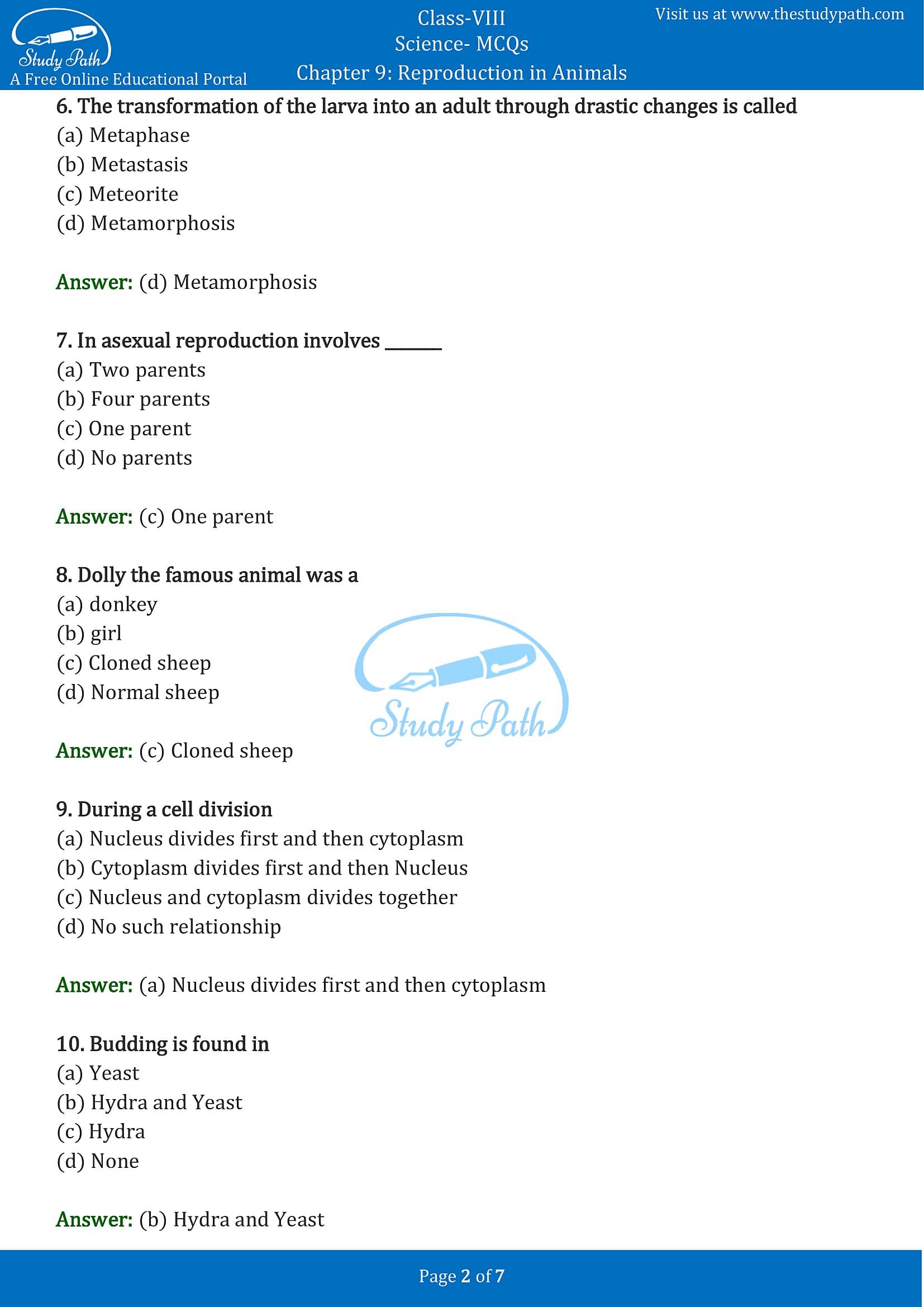 Class 8 Science Chapter 9 Reproduction in Animals MCQ with Answers Class 8 Science Chapter 9 Reproduction in Animals MCQ with Answers