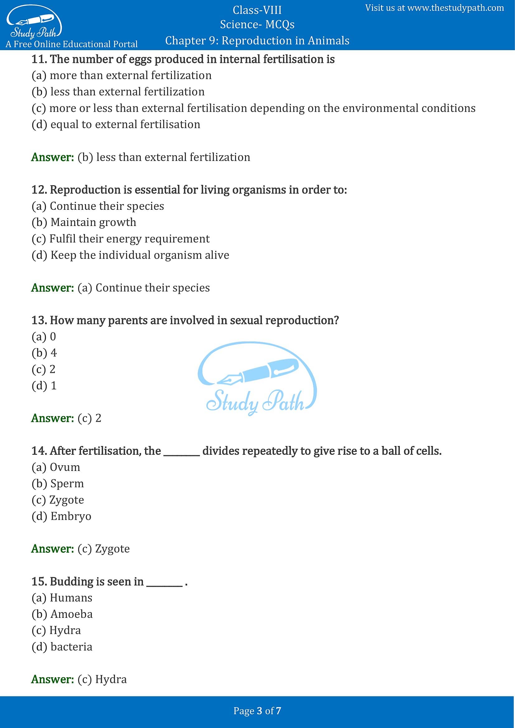 MCQ Questions for Class 8 Science Chapter 9 Reproduction in Animals with Answers PDF -3