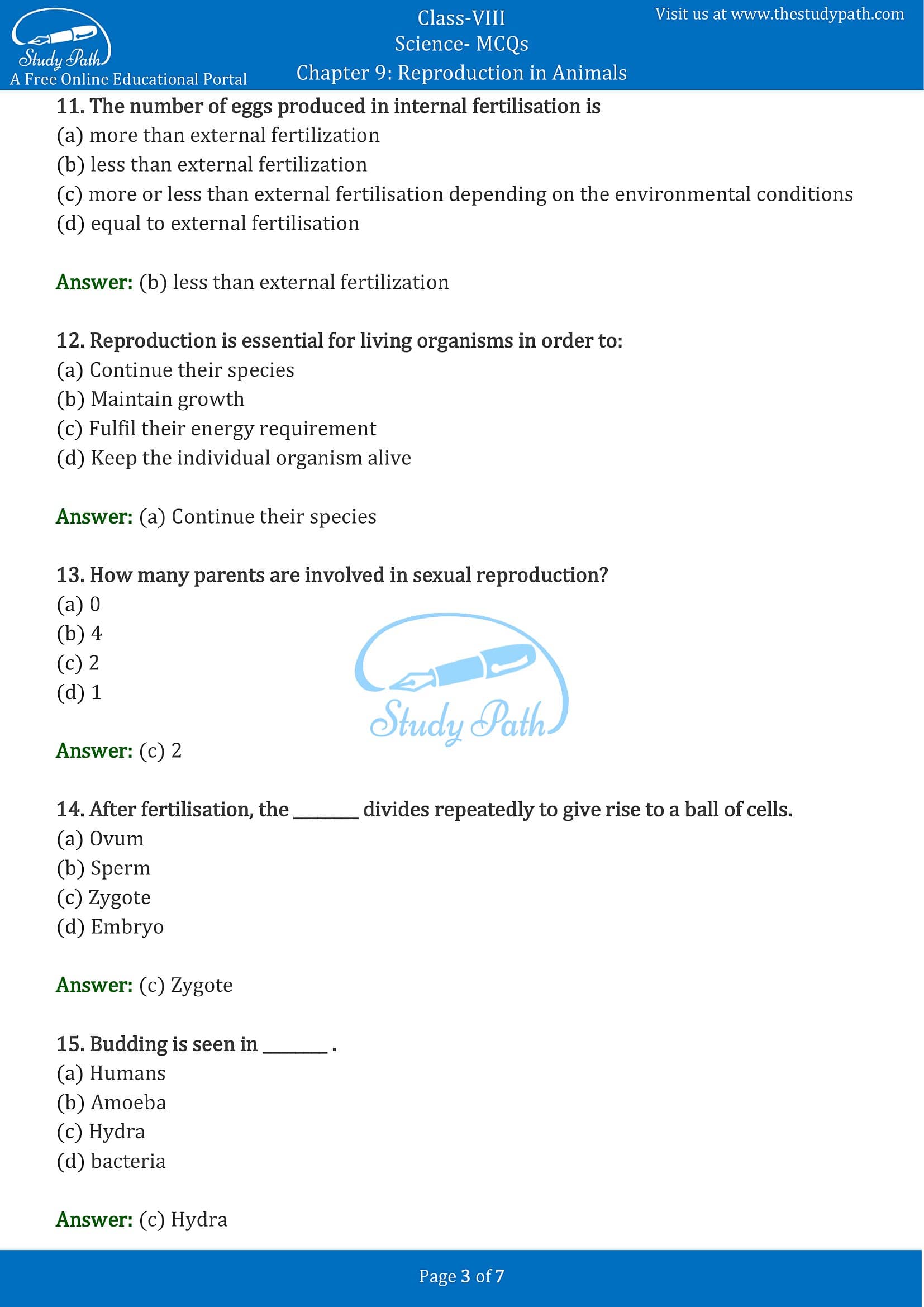 Class 8 Science Chapter 9 Reproduction in Animals MCQ with Answers Class 8 Science Chapter 9 Reproduction in Animals MCQ with Answers
