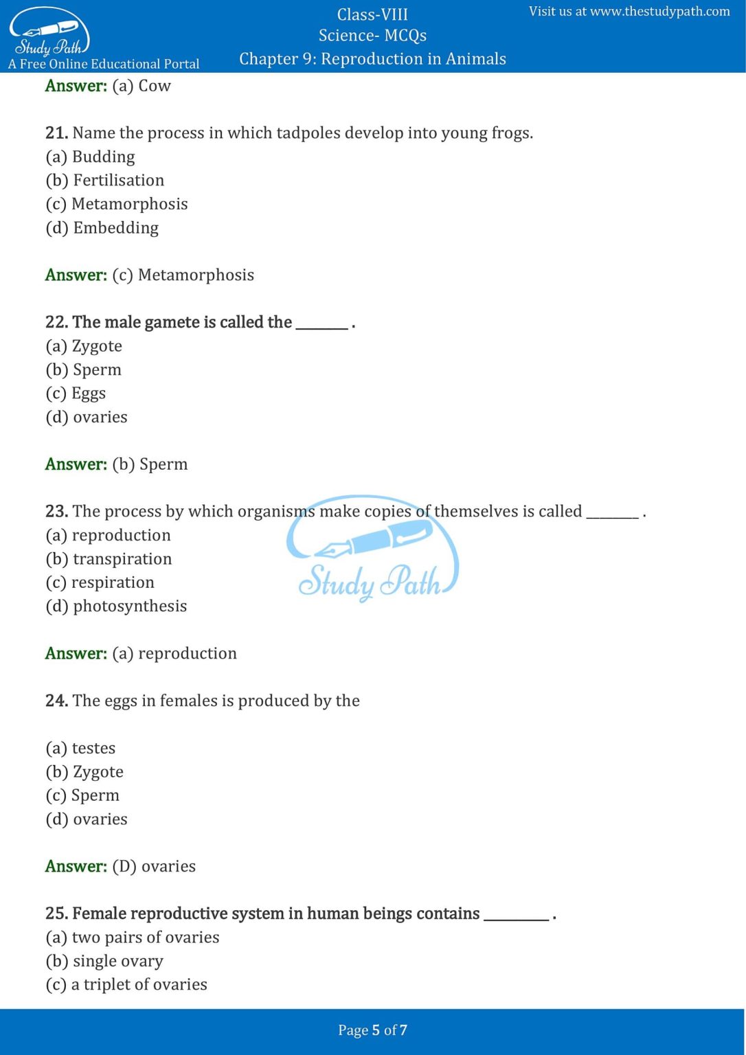 Class 8 Science Chapter 9 Reproduction in Animals MCQ with Answers