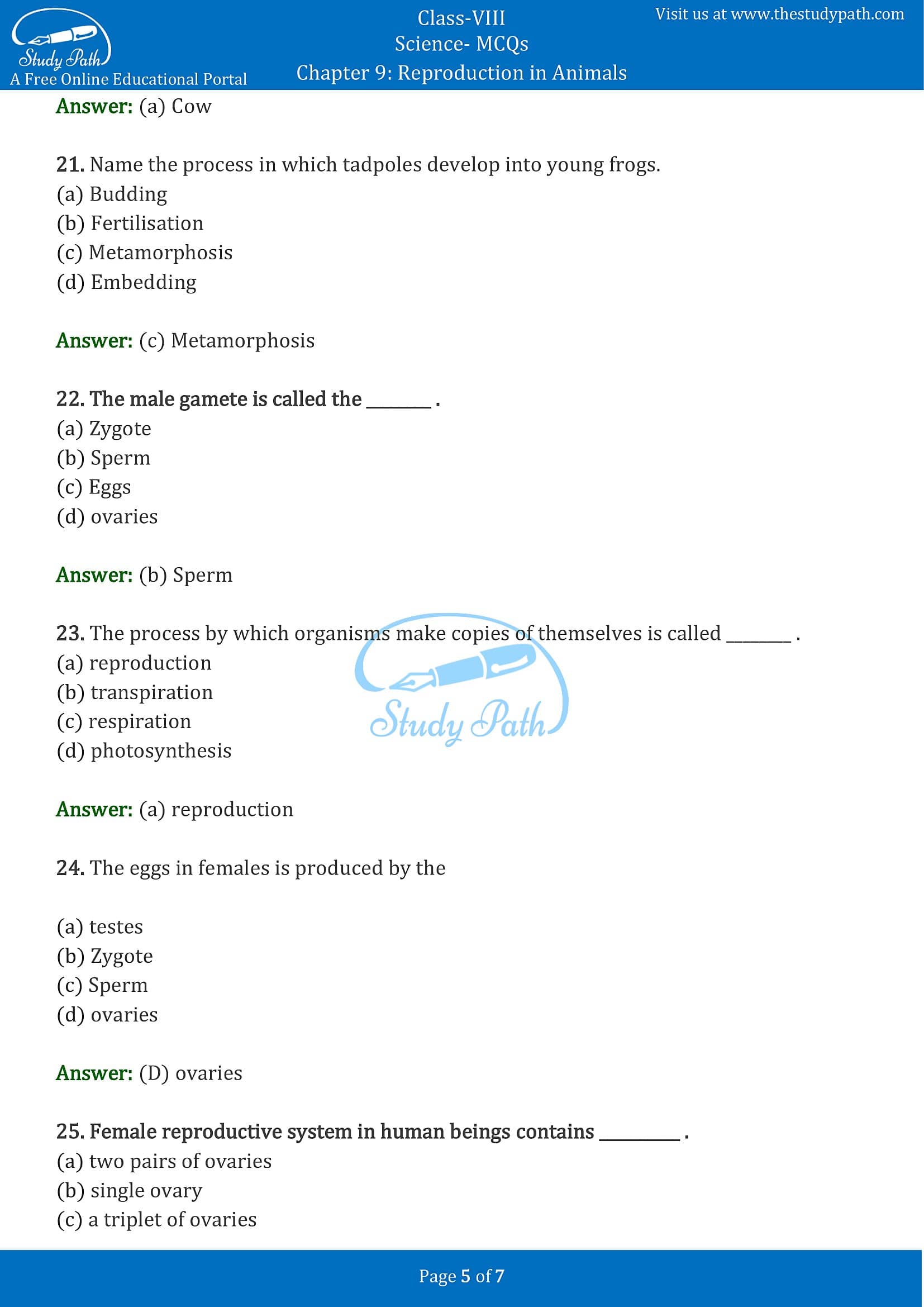 MCQ Questions for Class 8 Science Chapter 9 Reproduction in Animals with Answers PDF -5