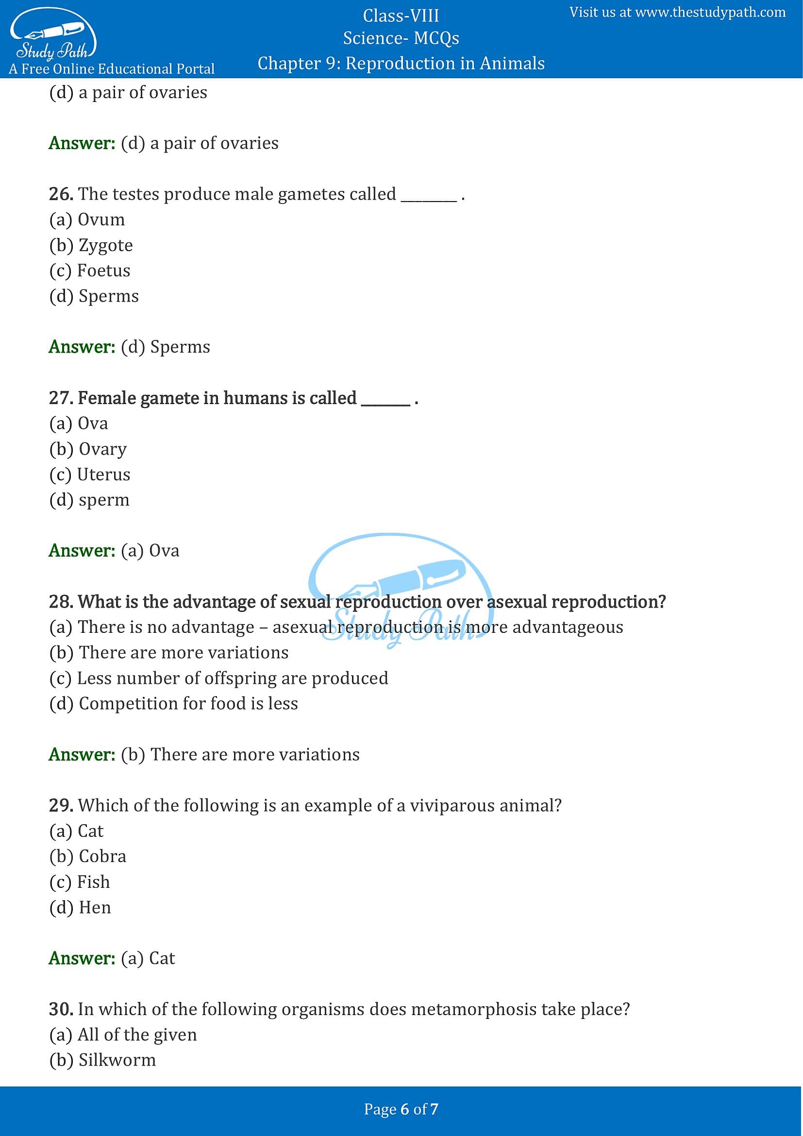 Class 8 Science Chapter 9 Reproduction in Animals MCQ with Answers