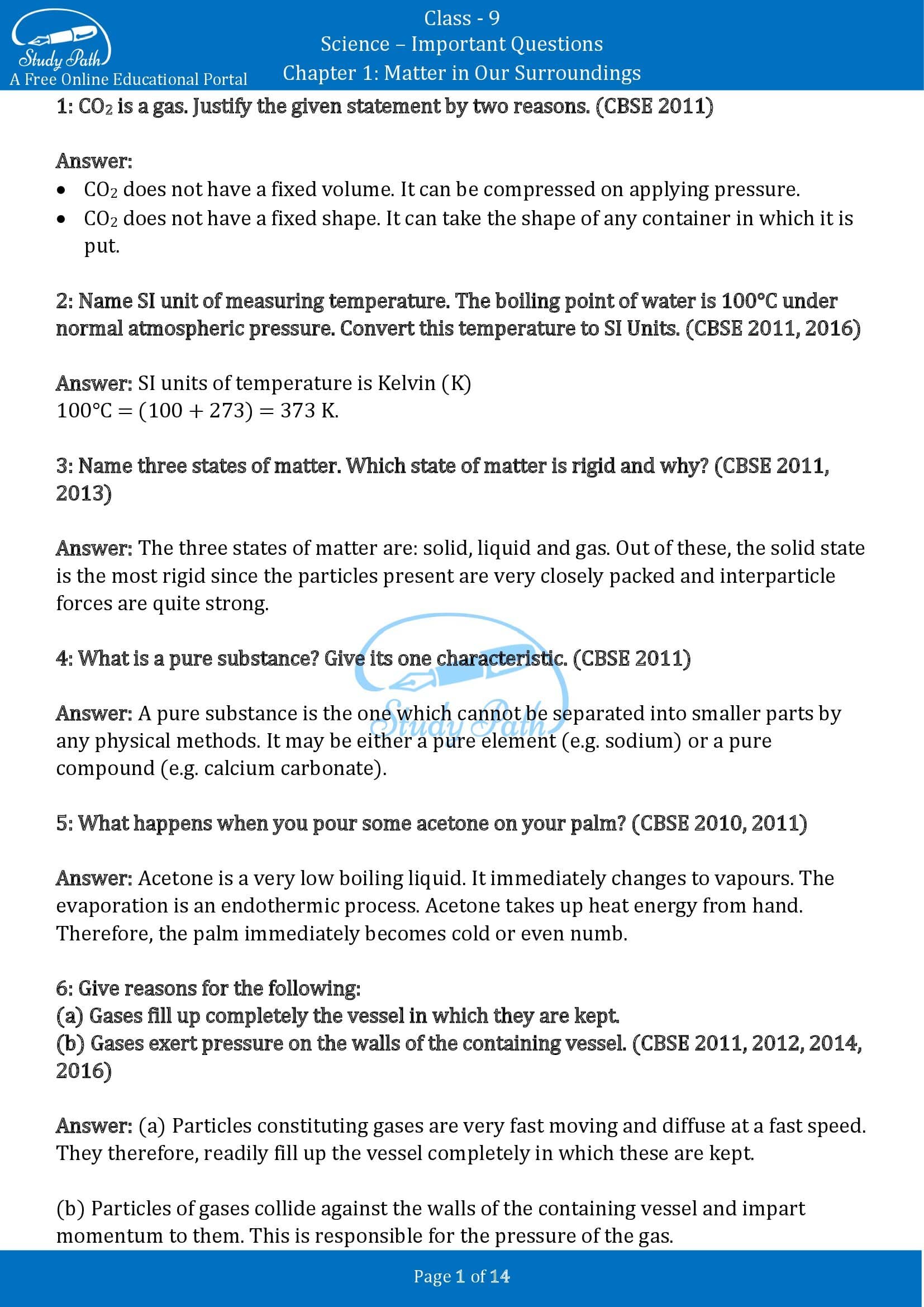 Important Questions for Class 9 Science Chapter 1 Matter in Our Surroundings 00001