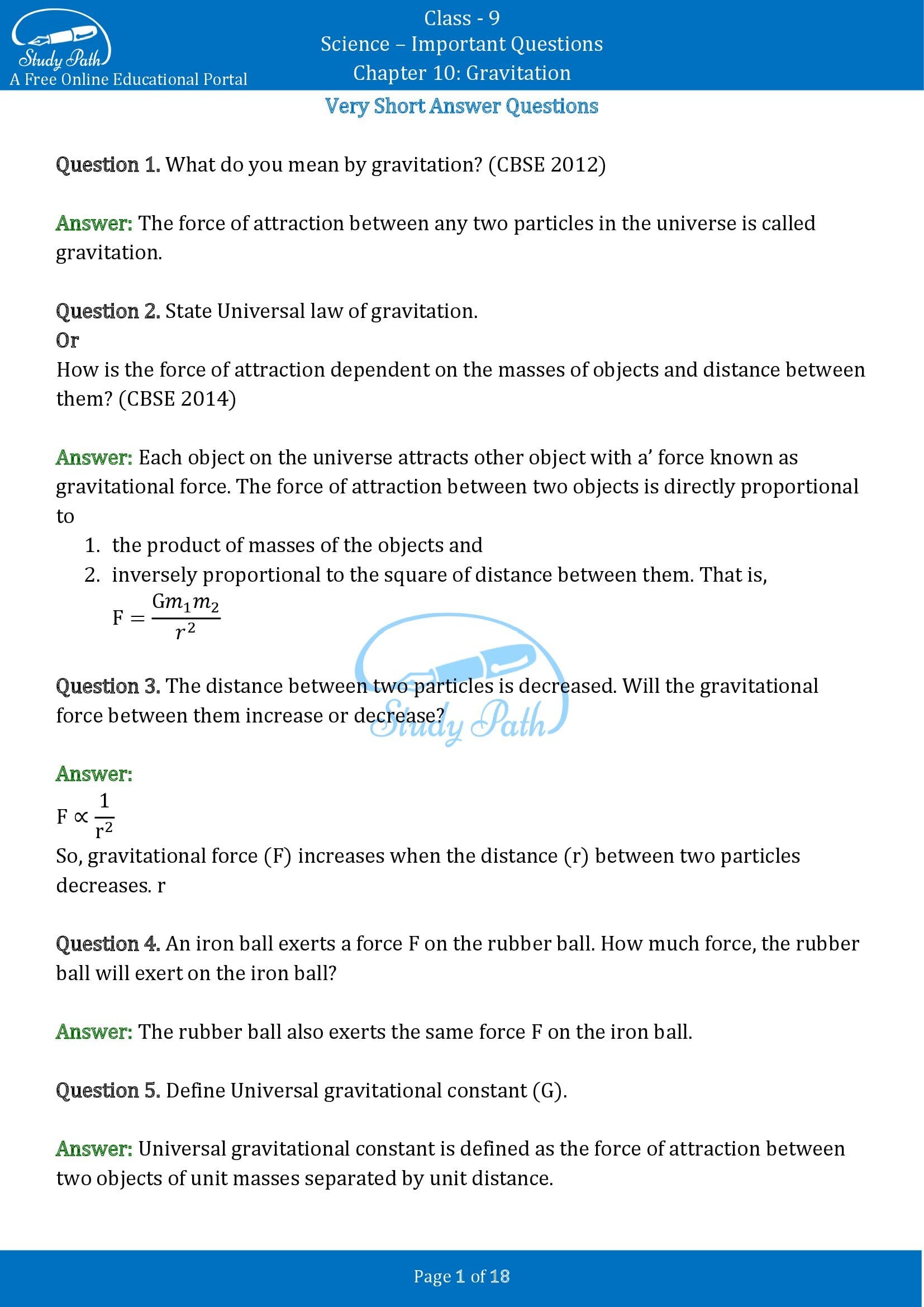 Important Questions for Class 9 Science Chapter 10 Gravitation 00001