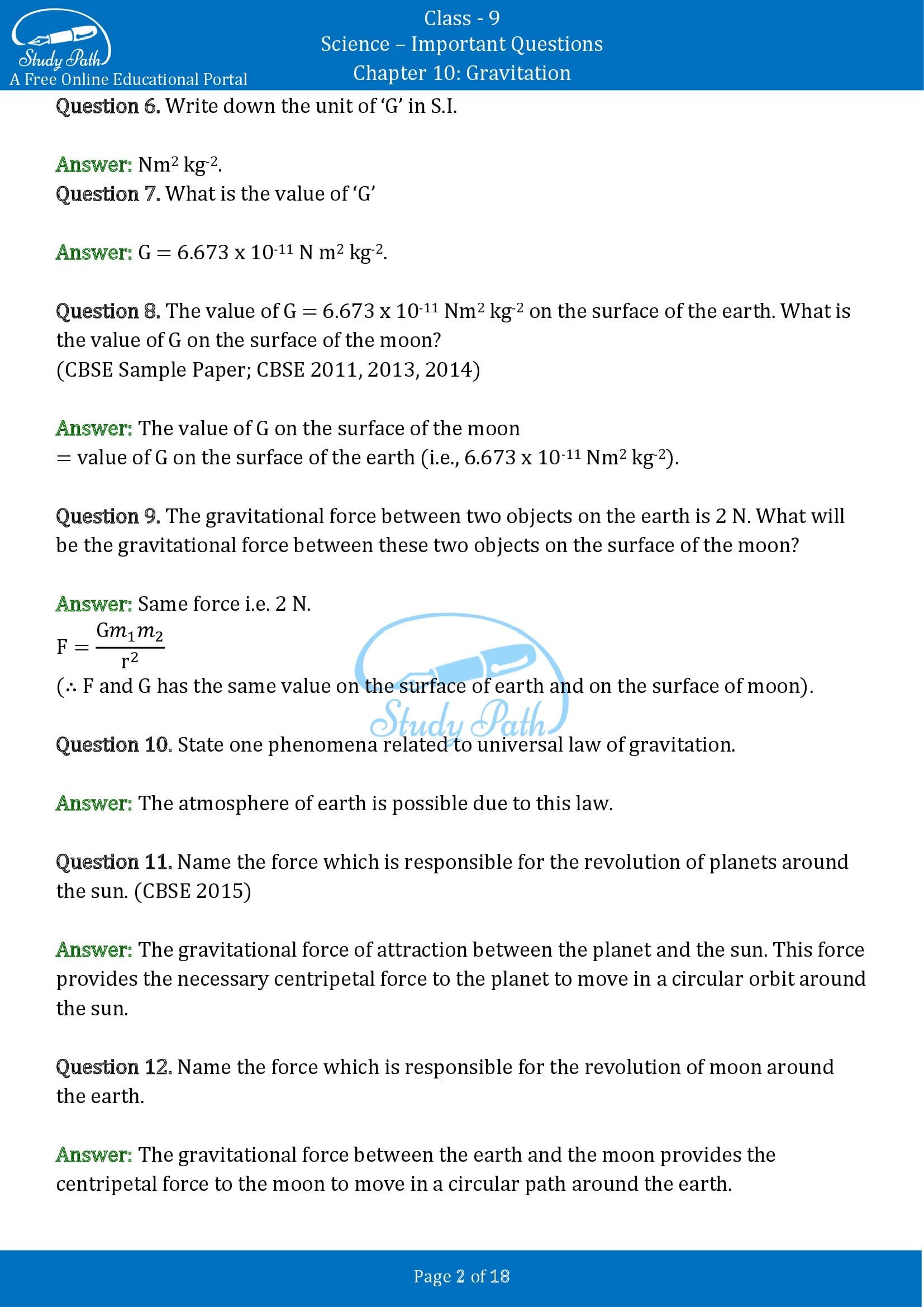 Important Questions for Class 9 Science Chapter 10 Gravitation 00002